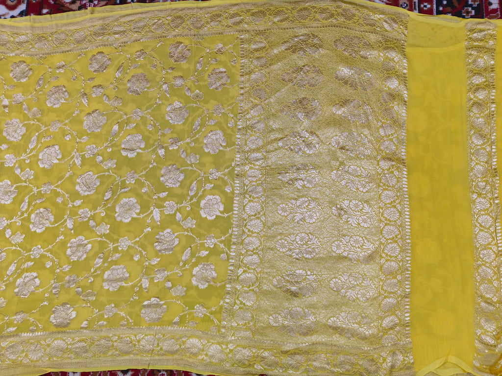 Yellow Banarasi Pure Handloom Khaddi Georgette Chiffon with Water Zari
