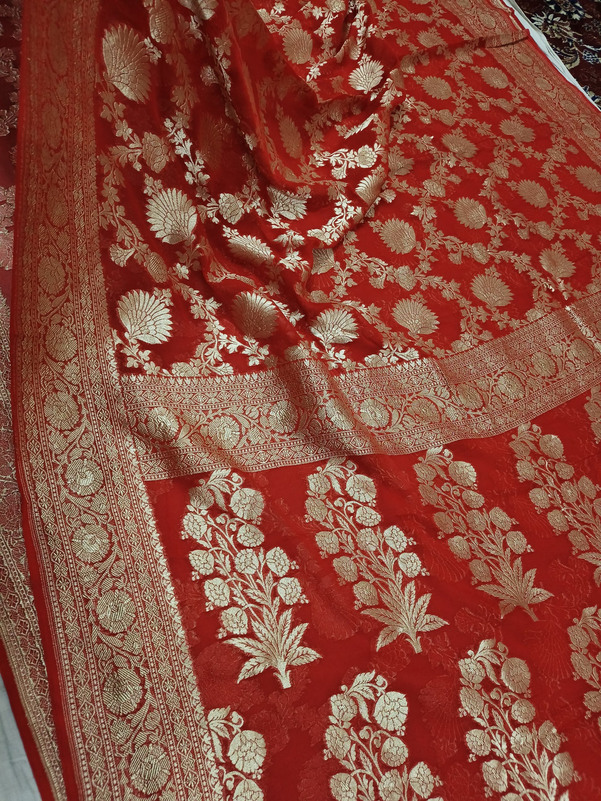 Red Banarasi Pure Handloom Khaddi Georgette Chiffon with Water Zari