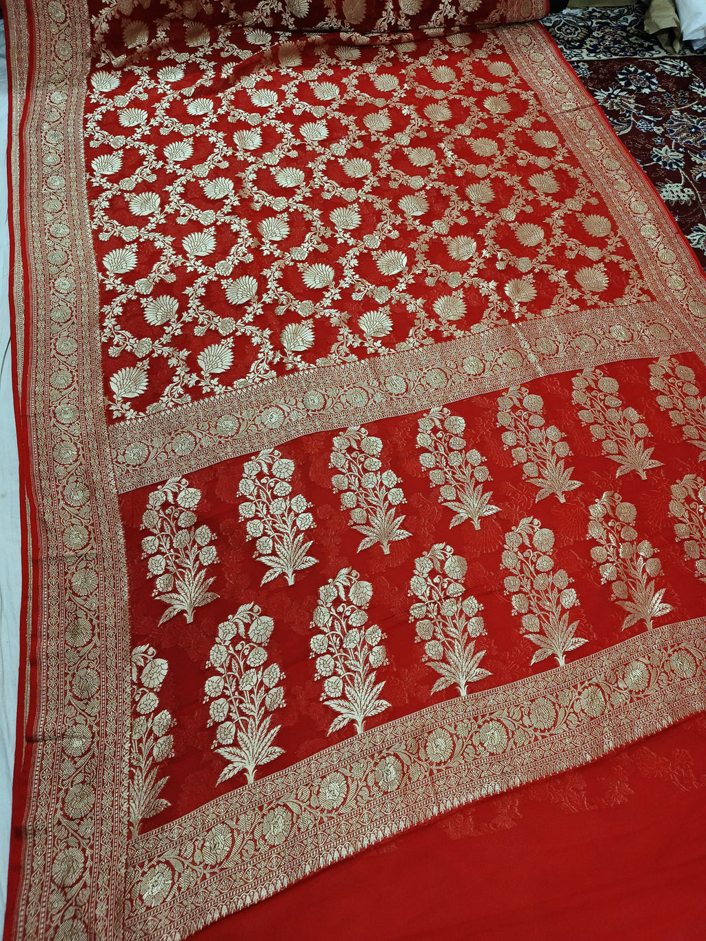 Red Banarasi Pure Handloom Khaddi Georgette Chiffon with Water Zari
