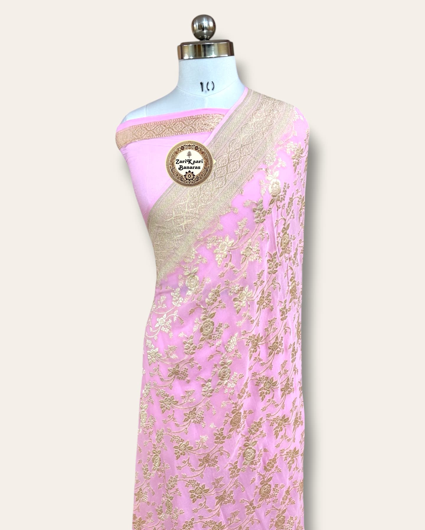 Baby Pink Banarasi Pure Handloom Khaddi Georgette Chiffon with Water Zari