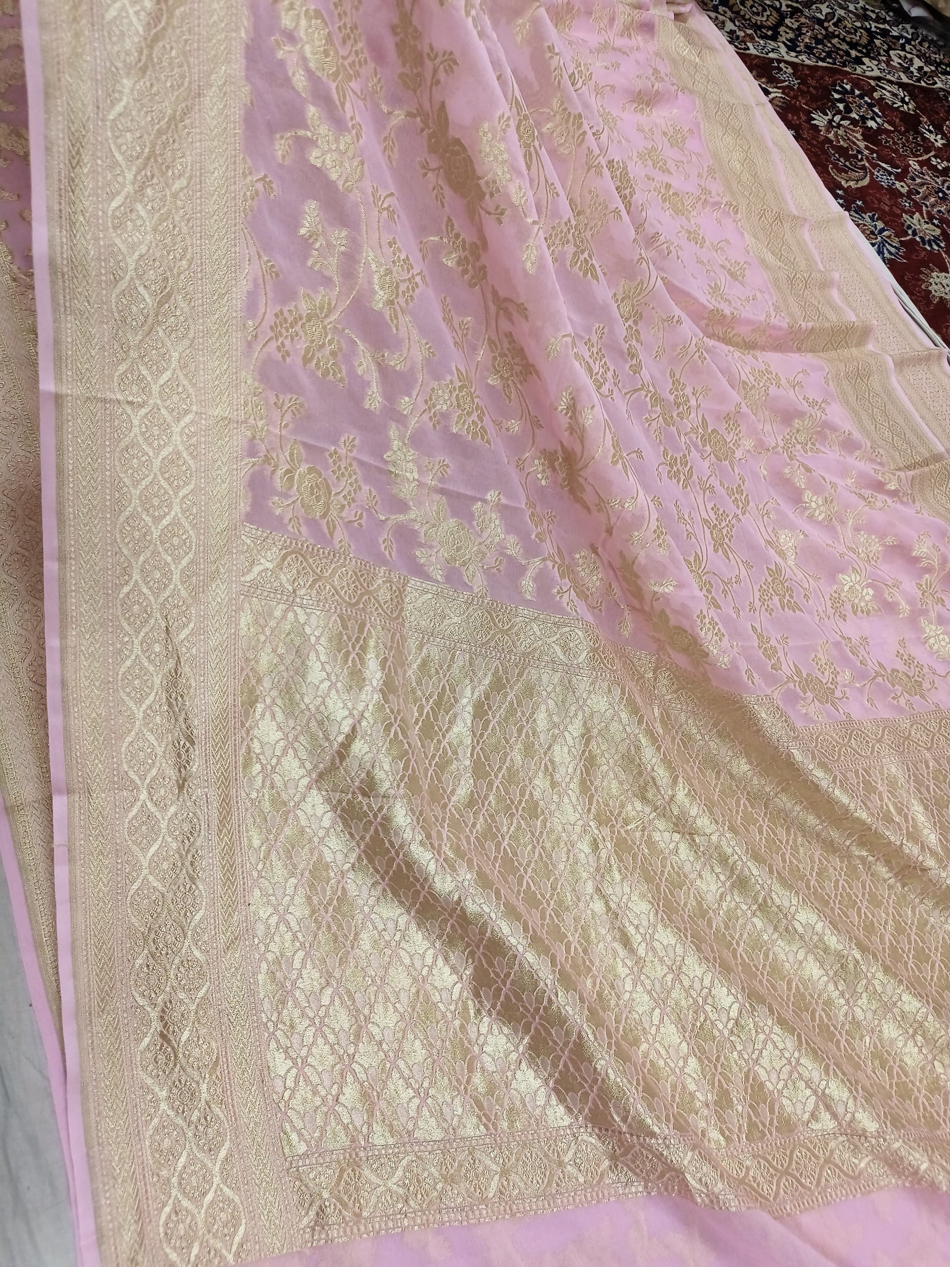 Baby Pink Banarasi Pure Handloom Khaddi Georgette Chiffon with Water Zari