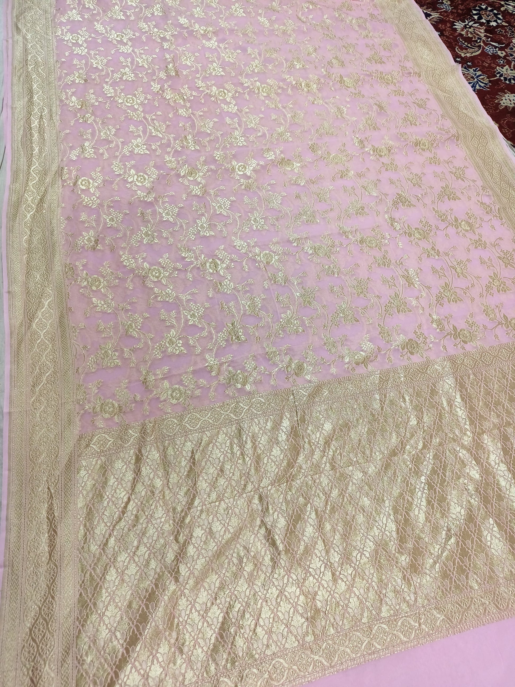 Baby Pink Banarasi Pure Handloom Khaddi Georgette Chiffon with Water Zari
