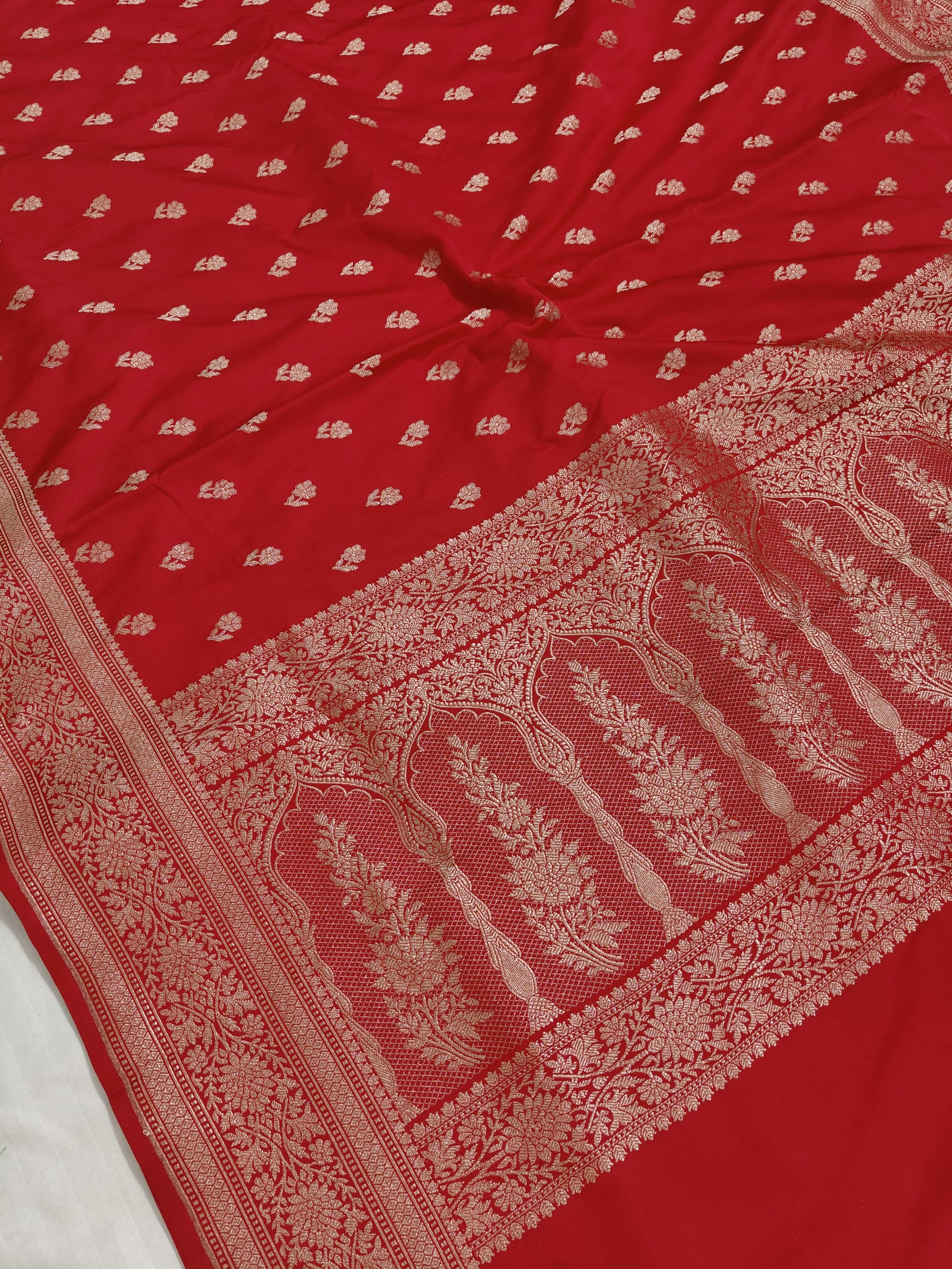 Red Banarasi Katan Mashru Silk Saree with Gold Zari