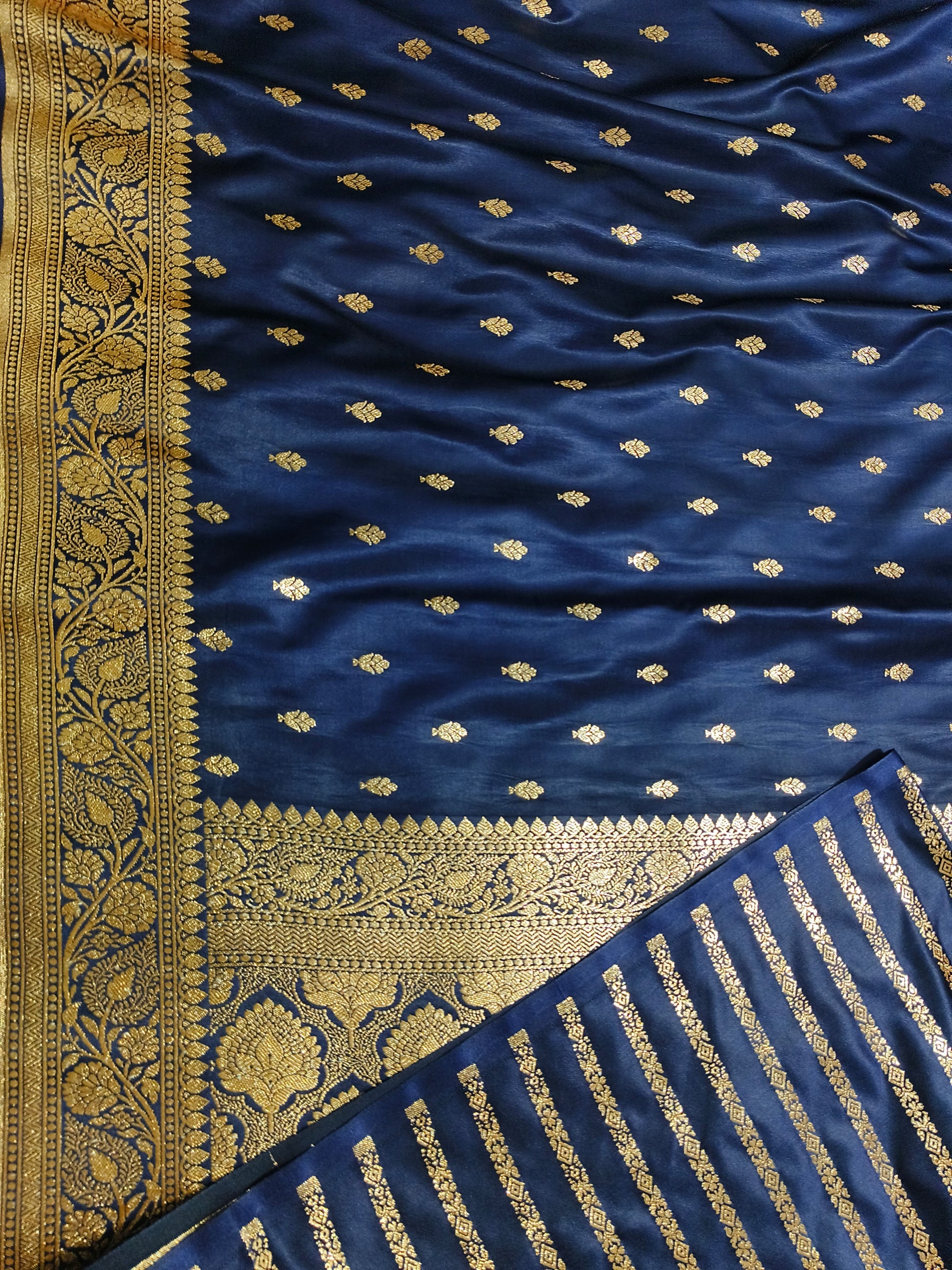Navy Blue Banarasi Katan Satin Silk with Gold Zari