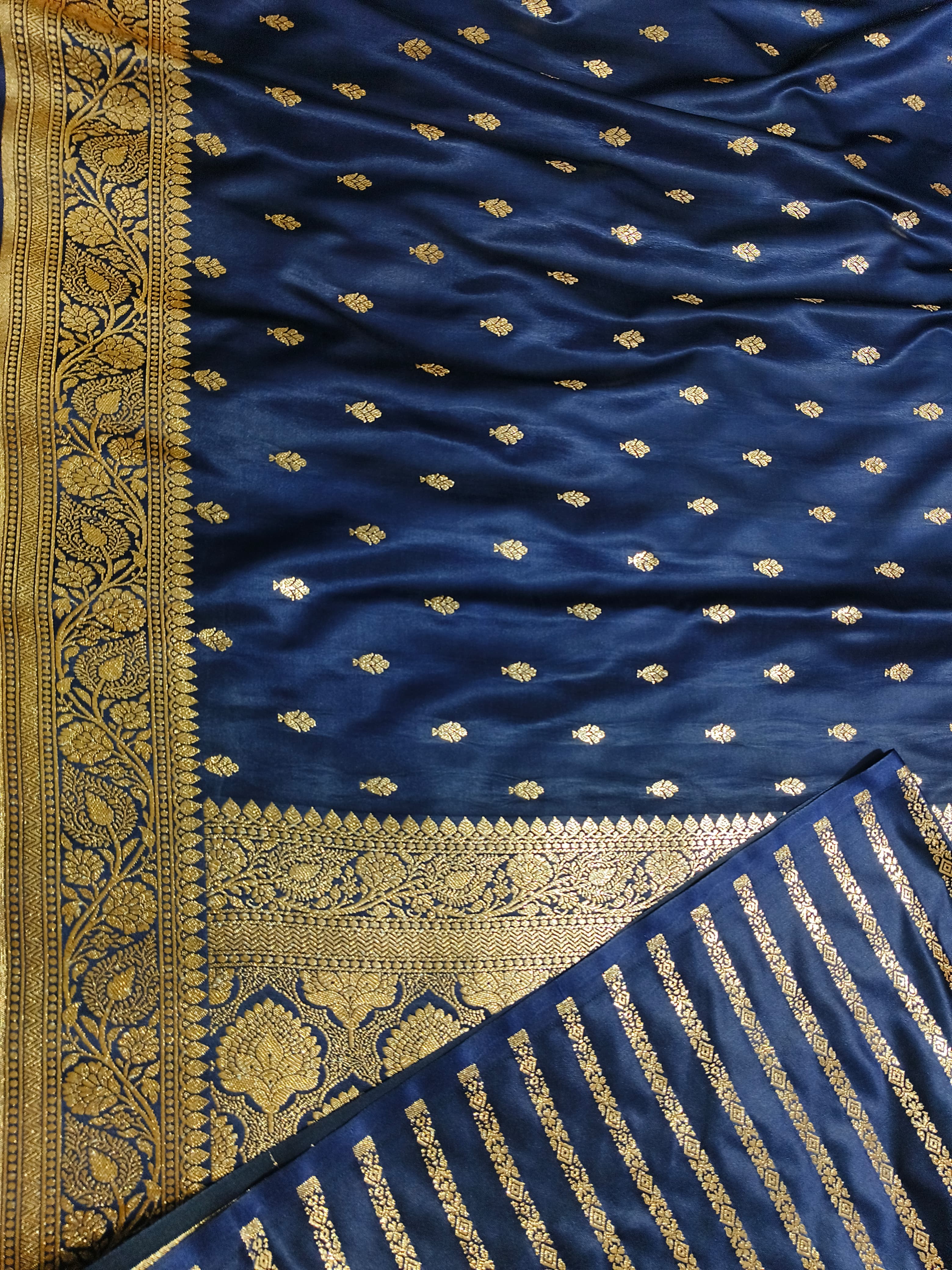 Navy Blue Banarasi Katan Satin Silk with Gold Zari