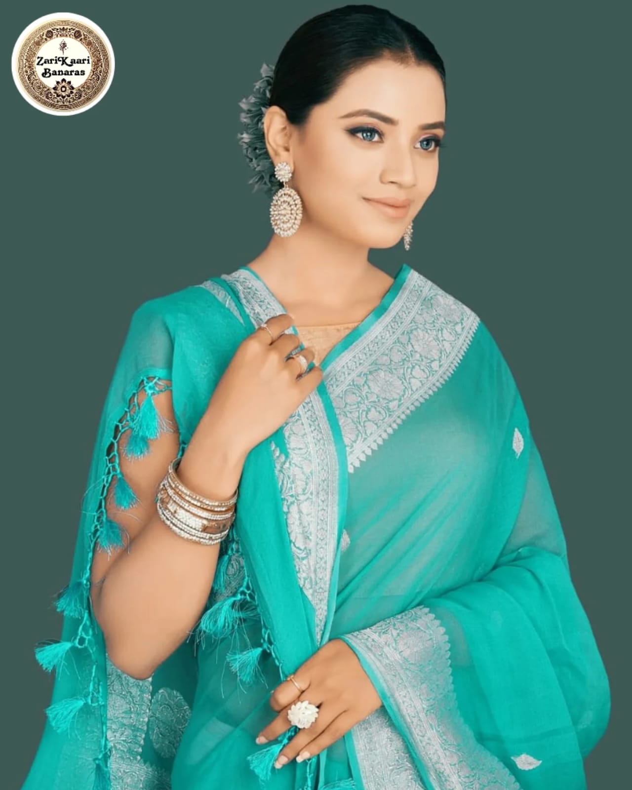 Sky-Blue Banarasi Pure Handloom Chiffon Kadhwa Saree with Ropa Boti.