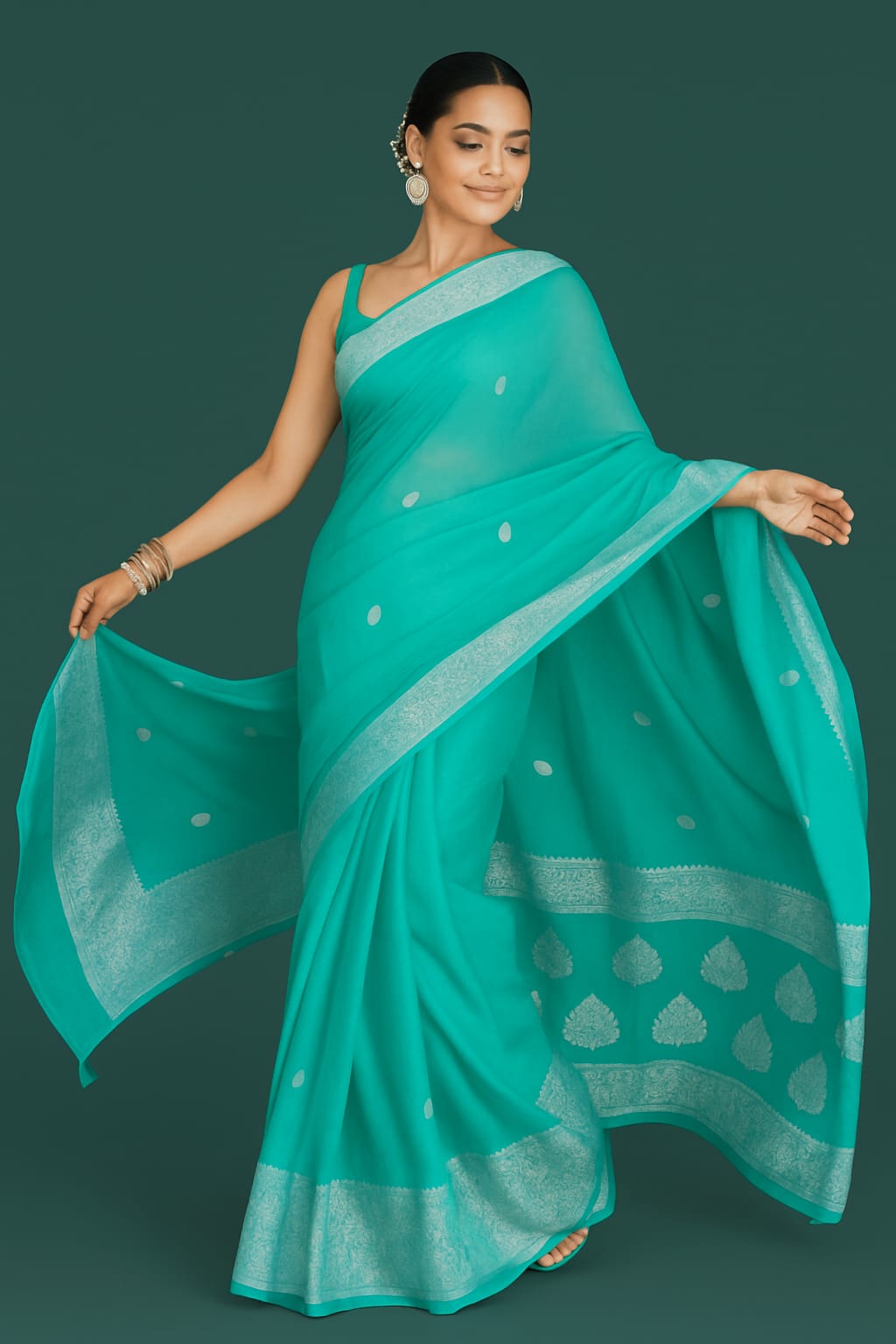 Sky-Blue Banarasi Pure Handloom Chiffon Kadhwa Saree with Ropa Boti.