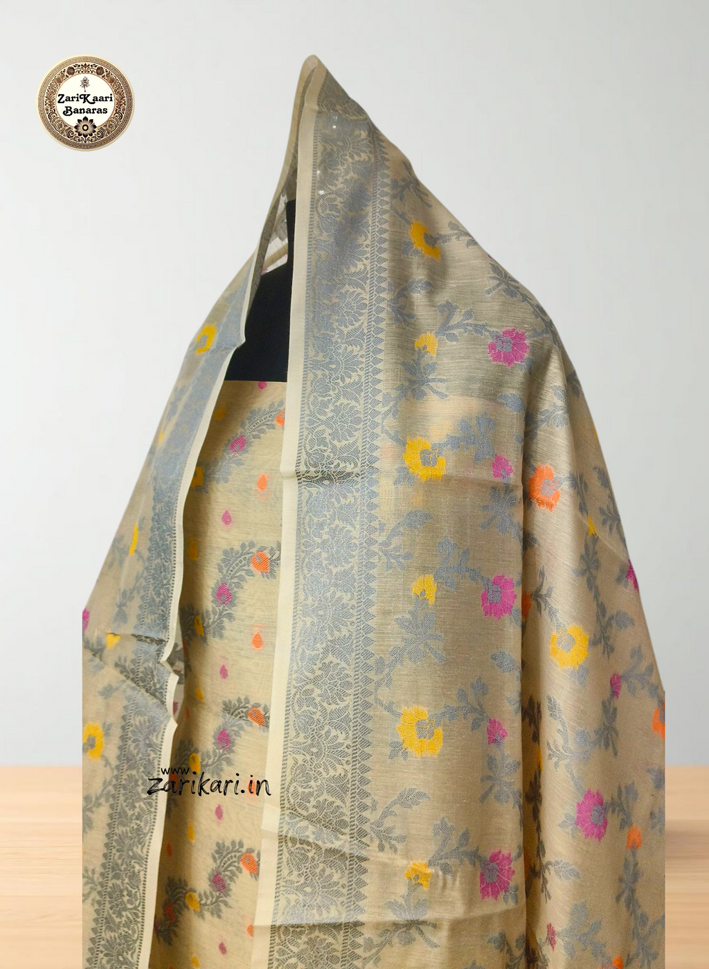 Women's Banarasi Cotton Silk Unstitched Suit Set with Meenedar Dupatta & Bottom (Multicolor Floral, 3-Piece Set)