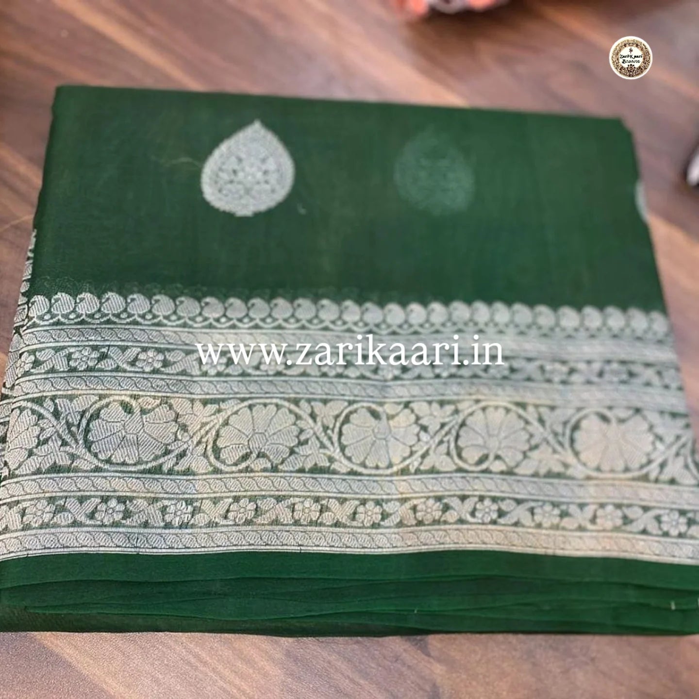 Bottle-Green Banarasi Pure Handloom Chiffon Kadhwa Saree with Ropa Boti.