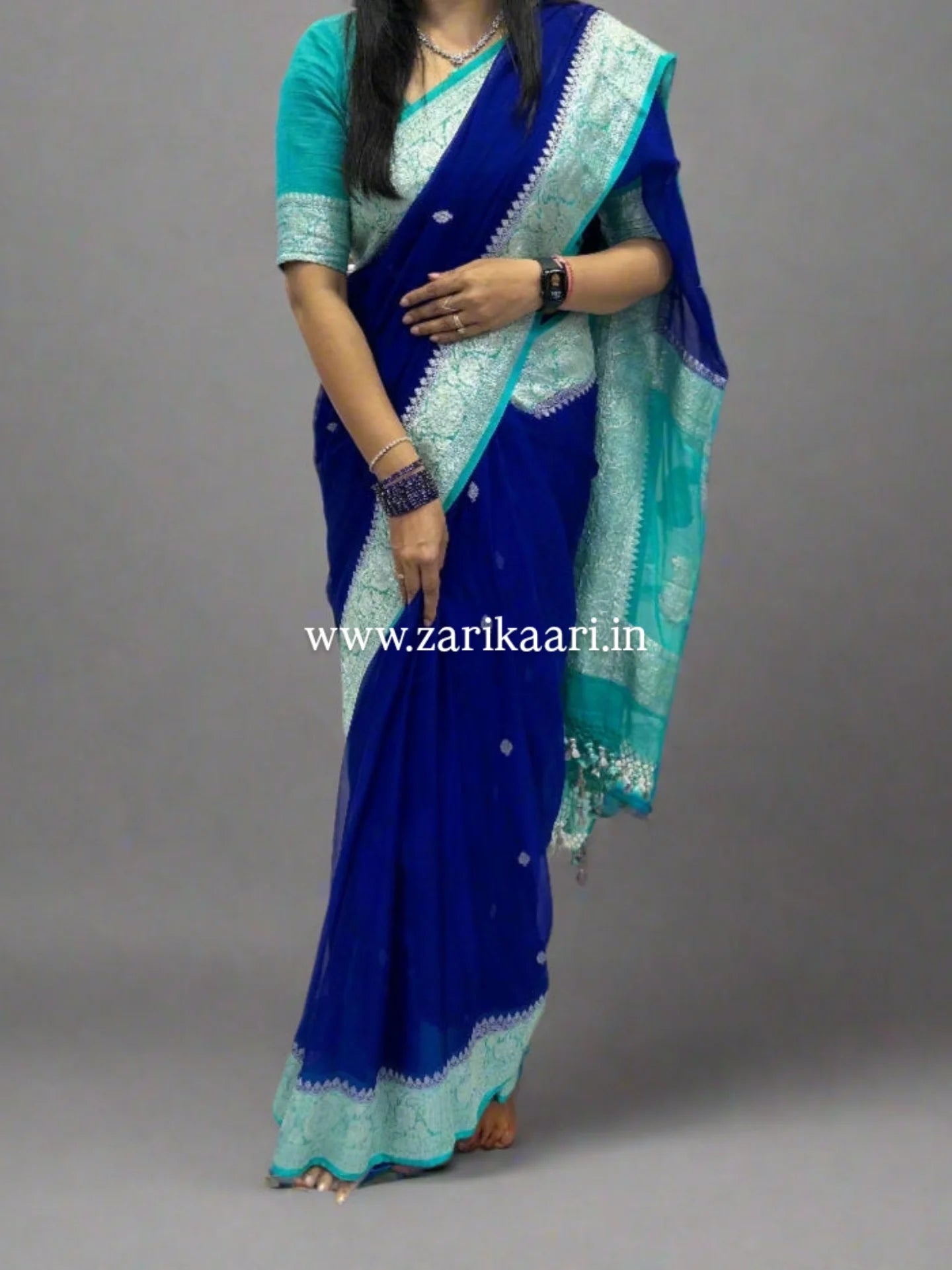 Pure Handloom Georgette Banarasi Saree - Blue-Sky