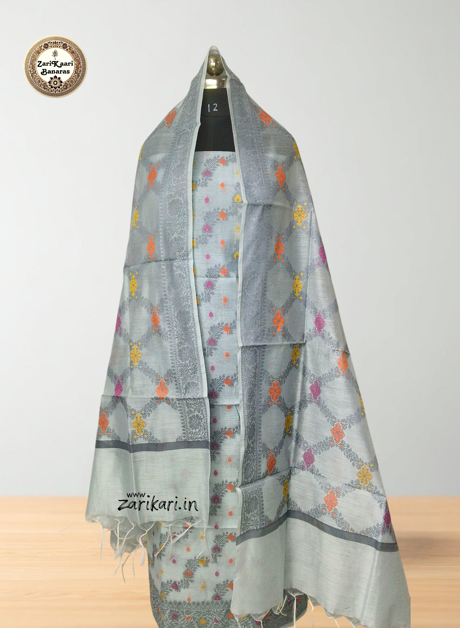 Women's Banarasi Cotton Silk Unstitched Suit Set with Meenedar Dupatta & Bottom (Multicolor Floral, 3-Piece Set)