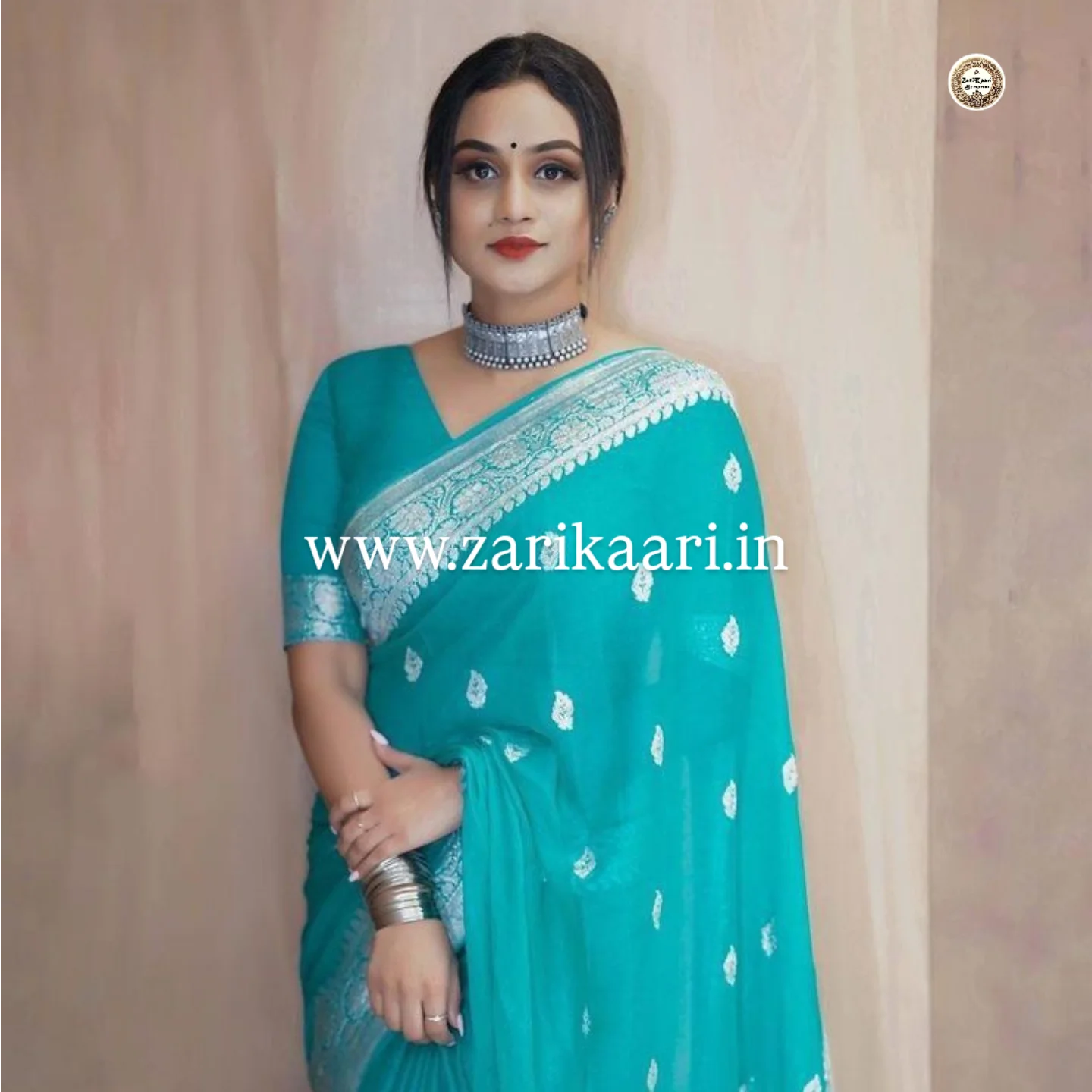 Sky-Blue Banarasi Pure Handloom Chiffon Kadhwa Saree with Ropa Boti.