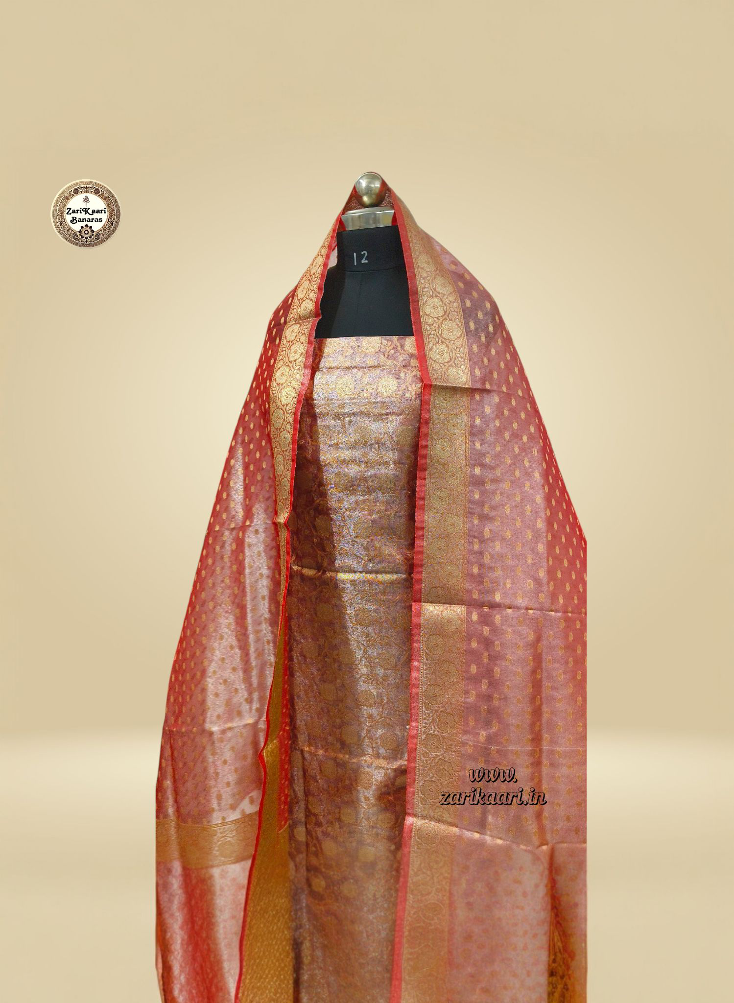 Banarasi Tissue Silk Suit Set with Meenedar Zari Dupatta & Plain Shalwar Jaal Work