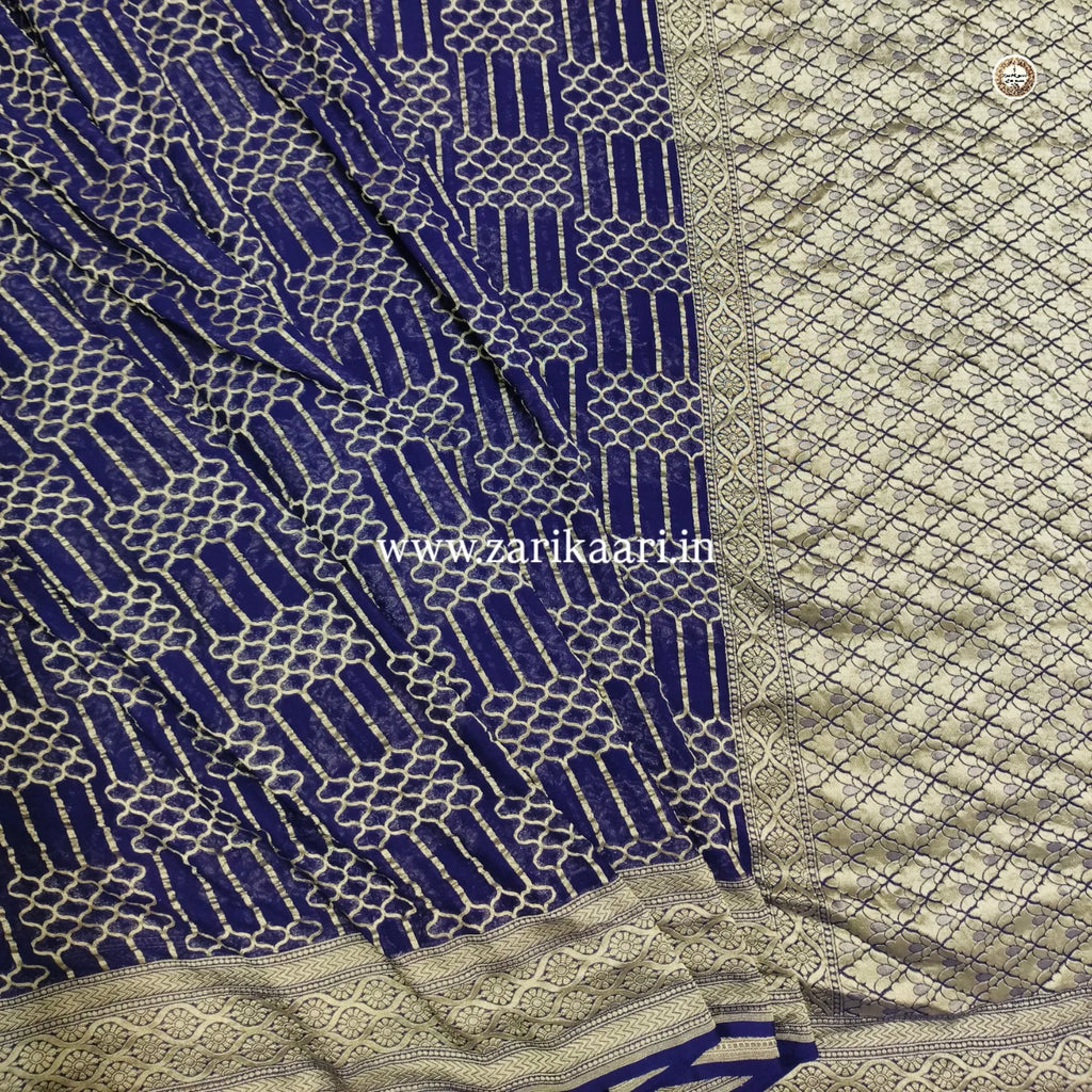 Dark-Blue Banarasi Pure Handloom Khaddi Georgette Chiffon with Water Zari Saree