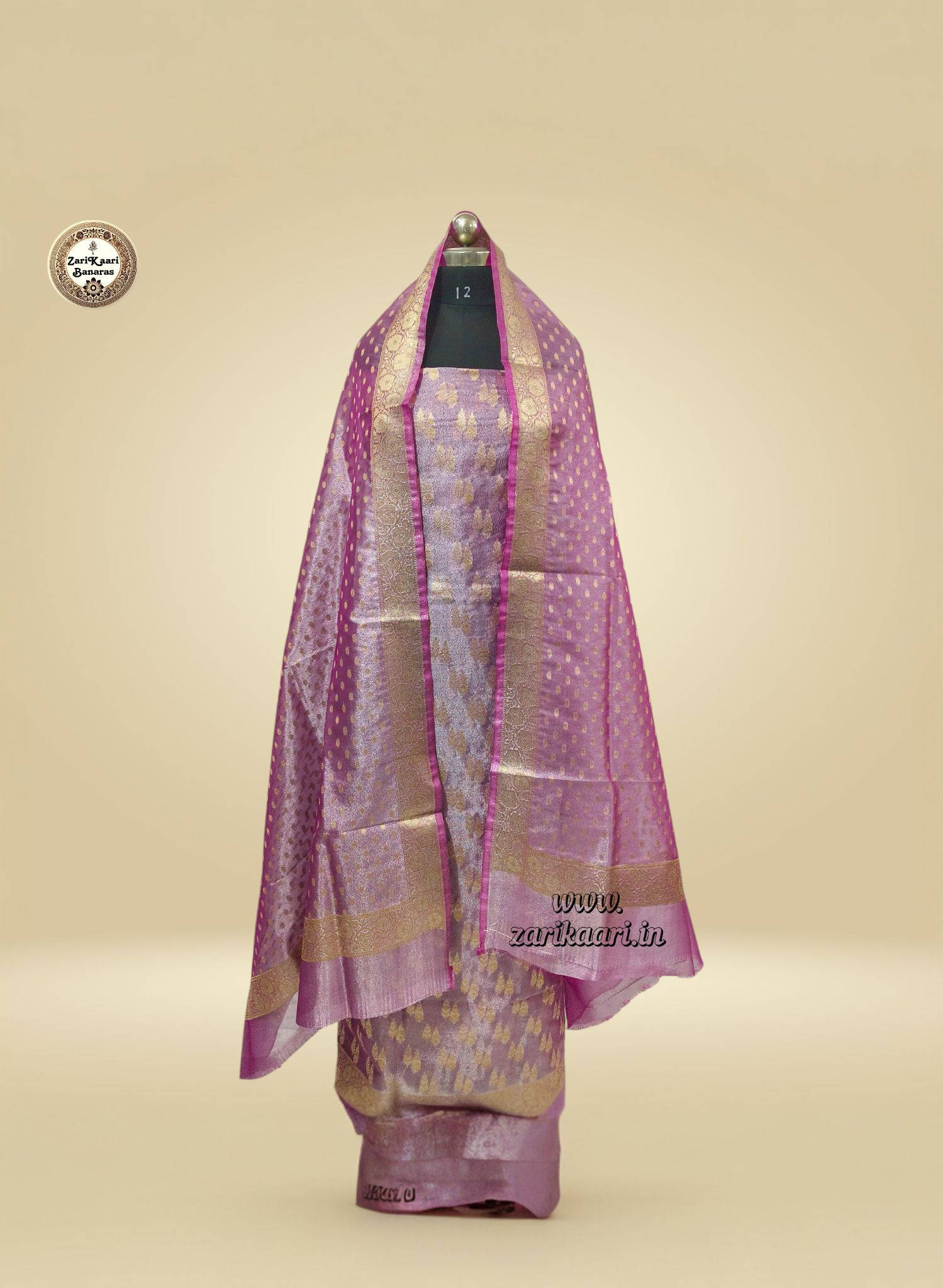 Banarasi Tissue Silk Suit Set with Meenedar Zari Dupatta & Plain Shalwar Boti Work