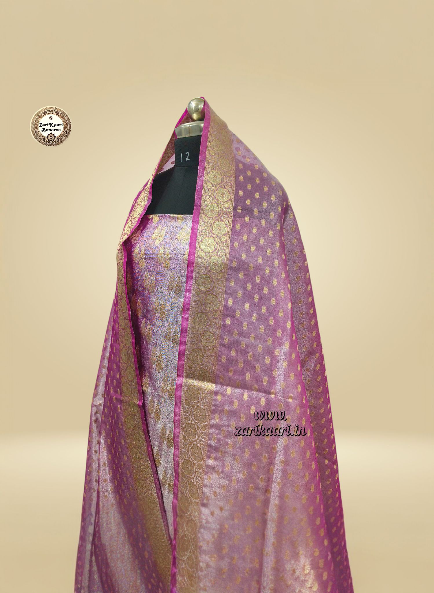 Banarasi Tissue Silk Suit Set with Meenedar Zari Dupatta & Plain Shalwar Boti Work