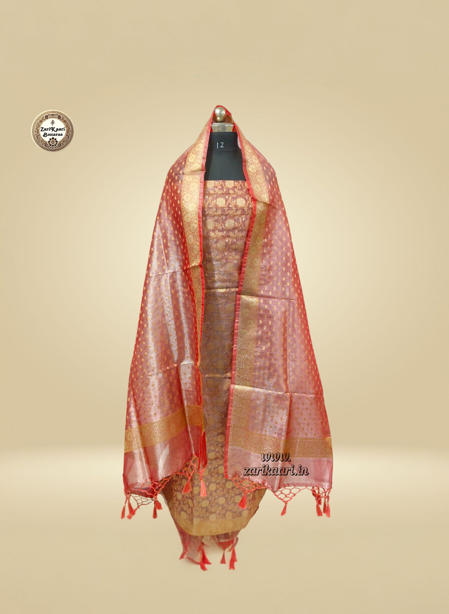 Banarasi Tissue Silk Suit Set with Meenedar Zari Dupatta & Plain Shalwar Jaal Work