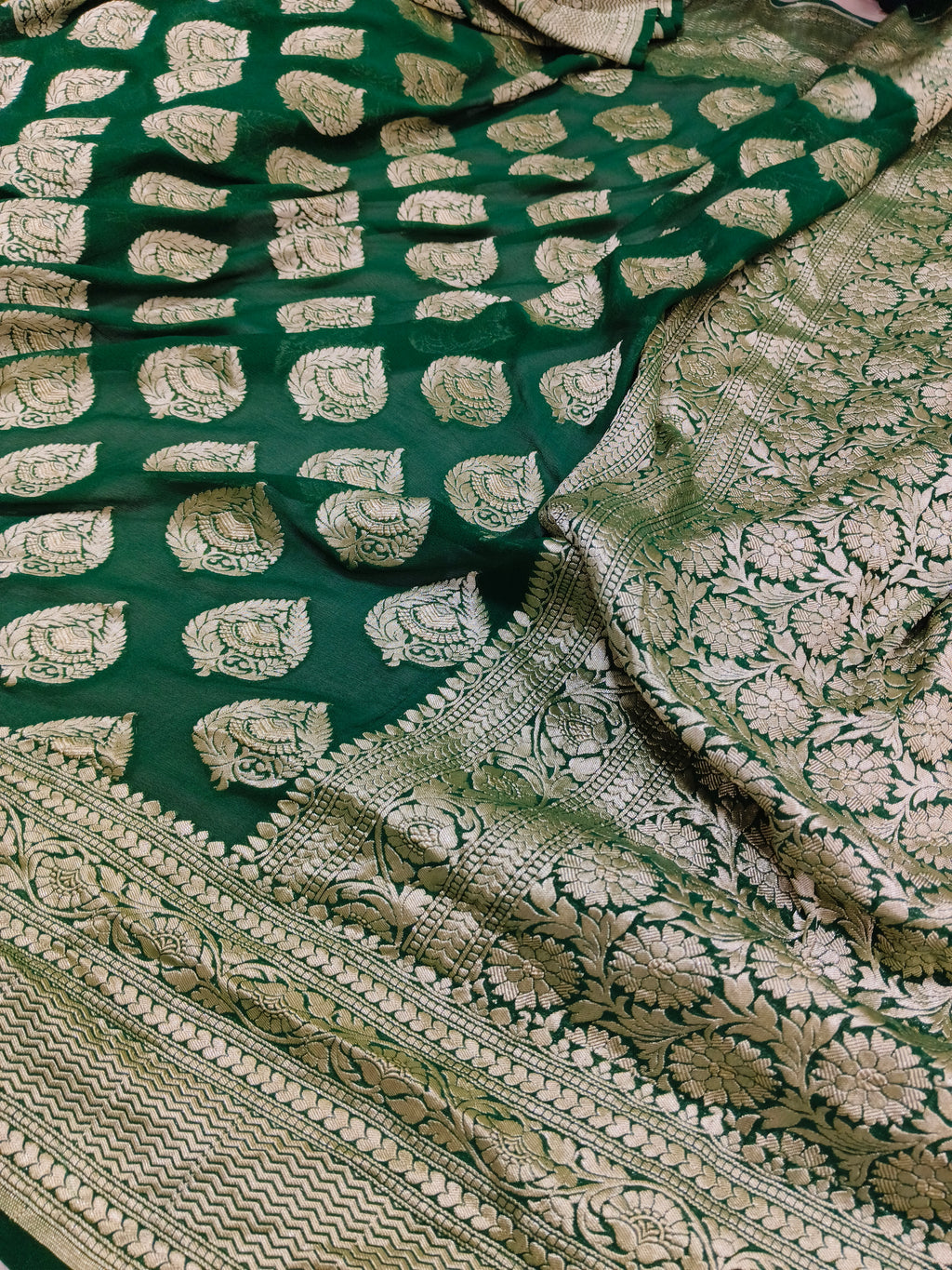 Bottle-Green Banarasi Pure Handloom Khaddi Georgette Chiffon with Water Zari