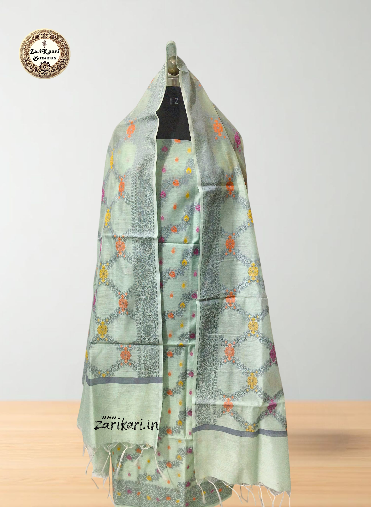 Women's Banarasi Cotton Silk Unstitched Suit Set with Meenedar Dupatta & Bottom (Multicolor Floral, 3-Piece Set)