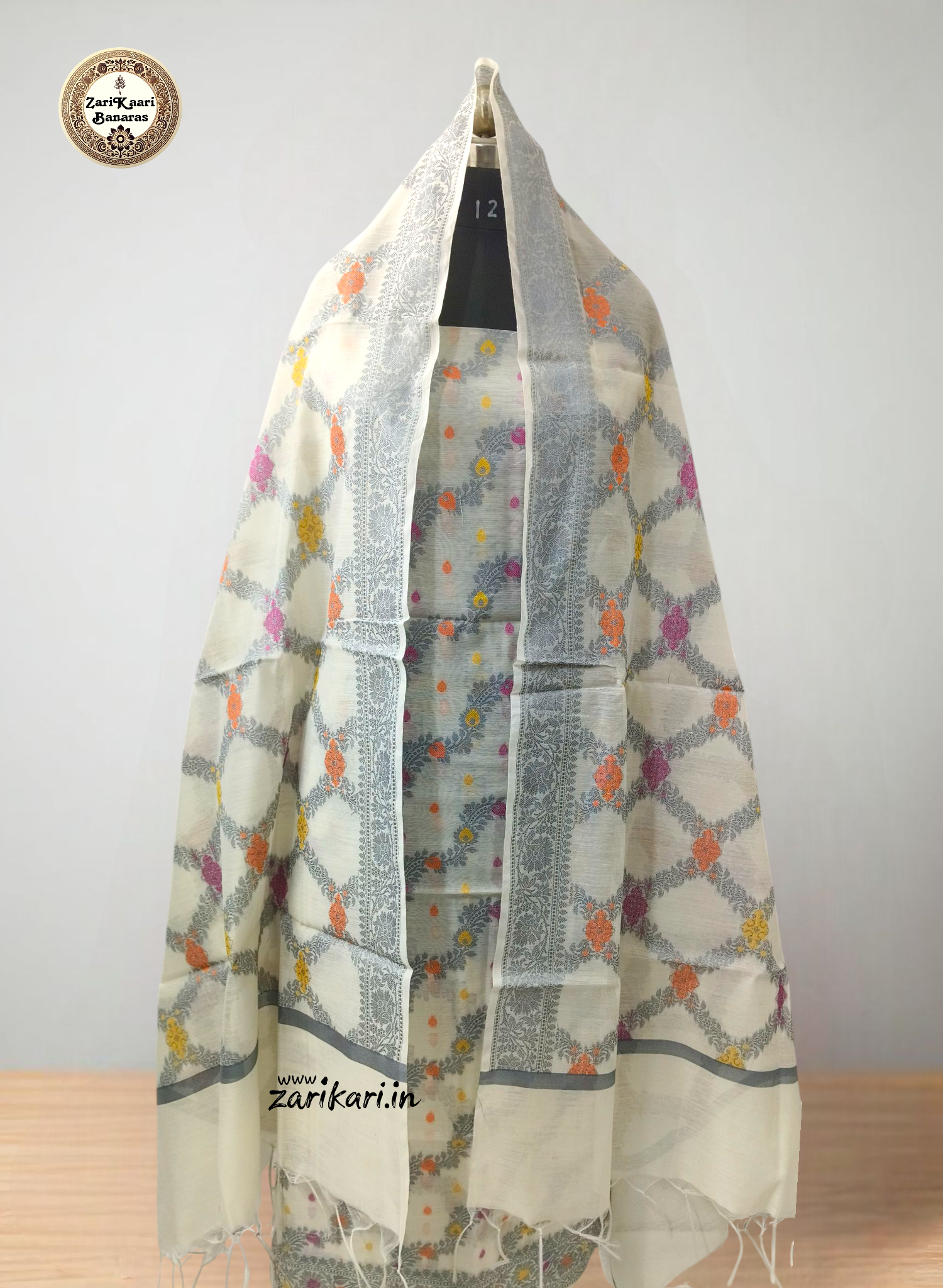 Women's Banarasi Cotton Silk Unstitched Suit Set with Meenedar Dupatta & Bottom (Multicolor Floral, 3-Piece Set)