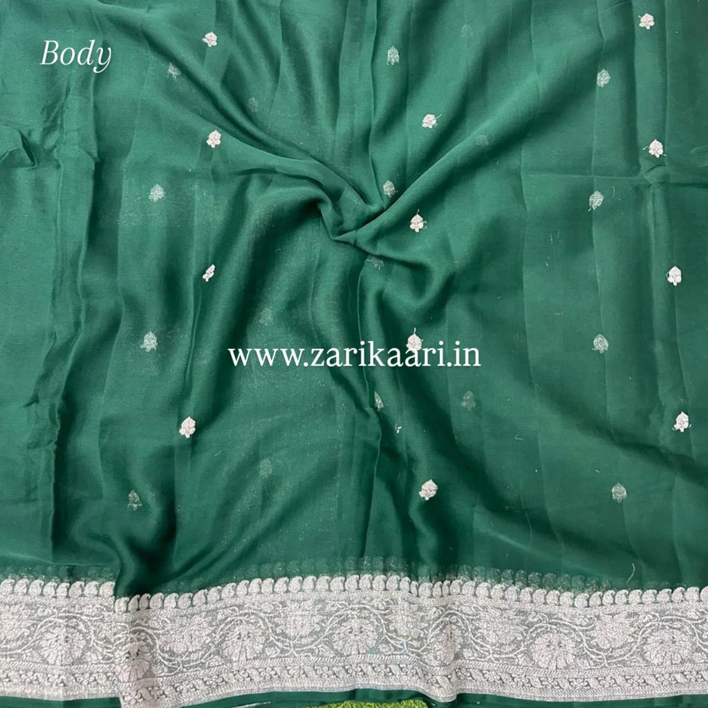 Pure Handloom Georgette Banarasi Saree - Dark Green