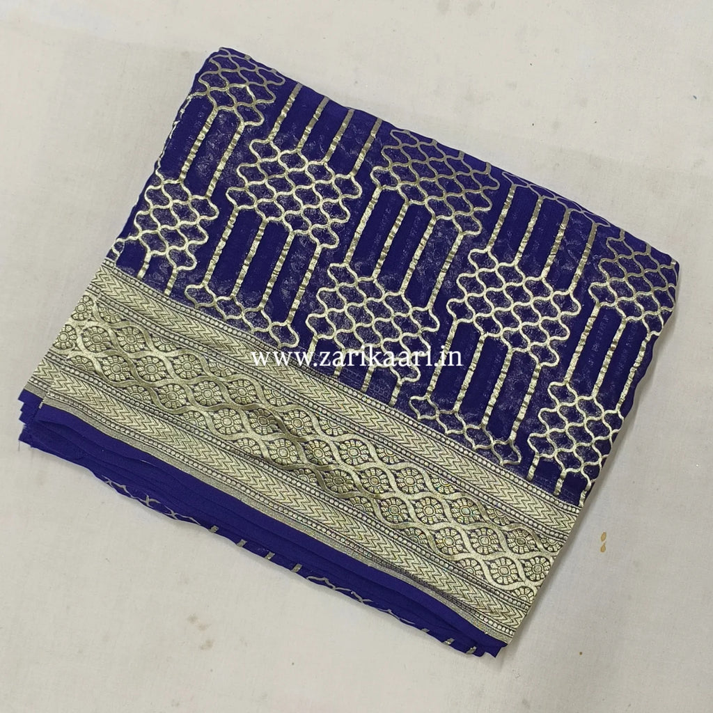 Dark-Blue Banarasi Pure Handloom Khaddi Georgette Chiffon with Water Zari Saree
