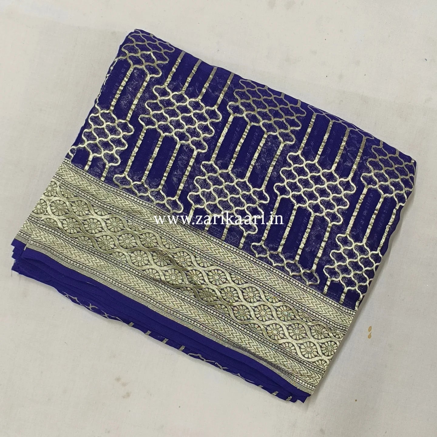 Dark-Blue Banarasi Pure Handloom Khaddi Georgette Chiffon with Water Zari Saree
