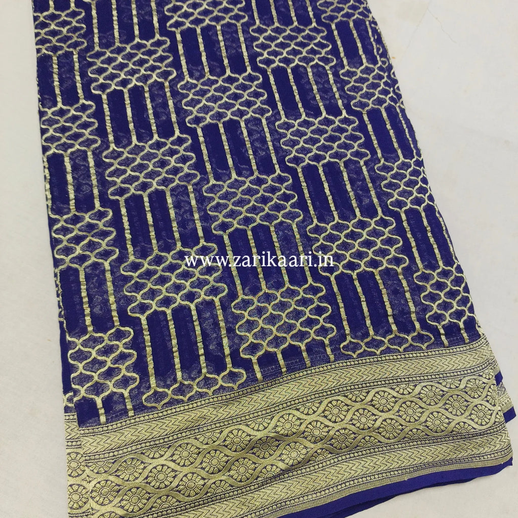 Dark-Blue Banarasi Pure Handloom Khaddi Georgette Chiffon with Water Zari Saree