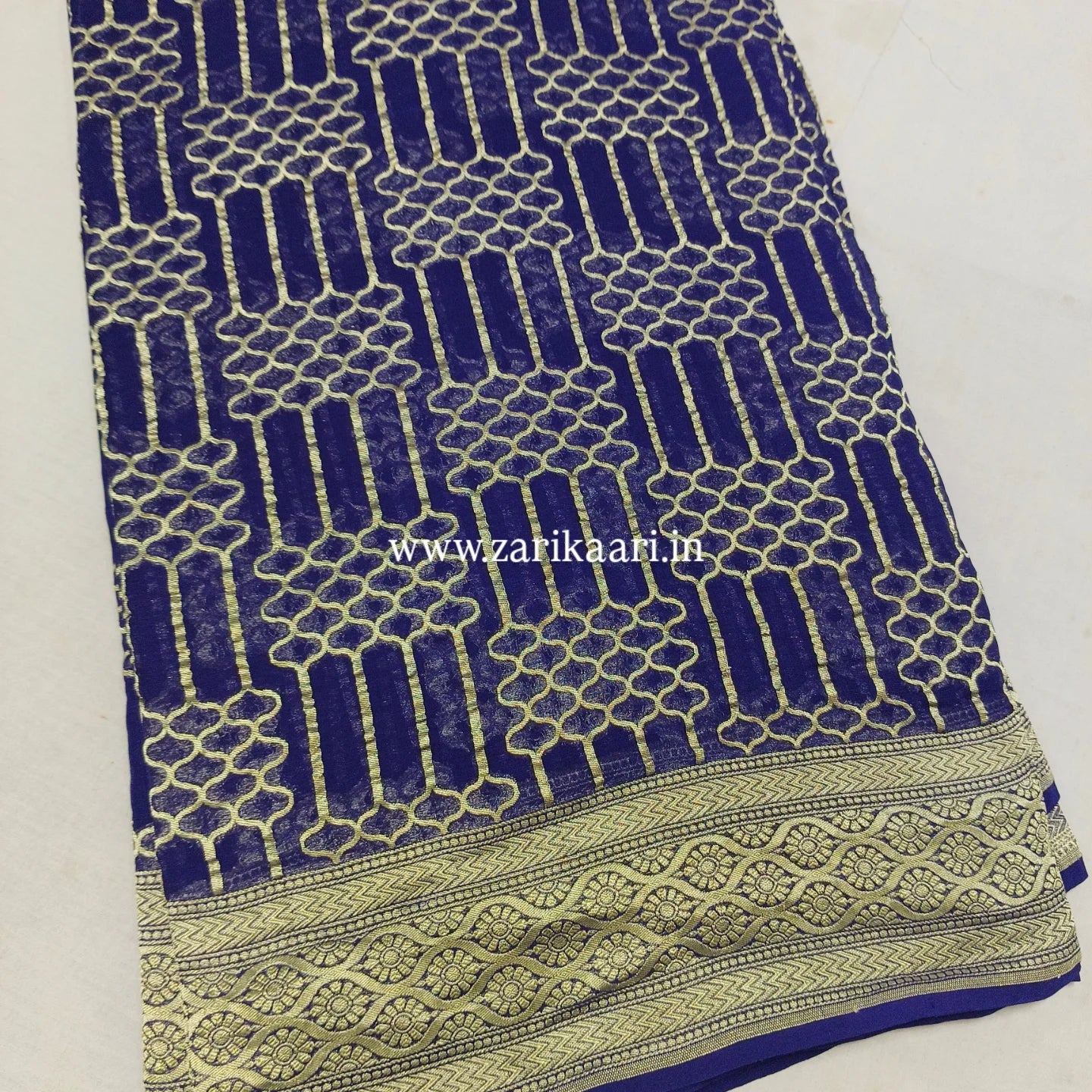 Dark-Blue Banarasi Pure Handloom Khaddi Georgette Chiffon with Water Zari Saree