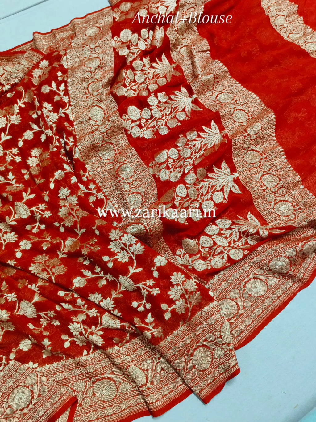 Red Banarasi Pure Handloom Khaddi Georgette Chiffon with Watar-Gold Zari Saree