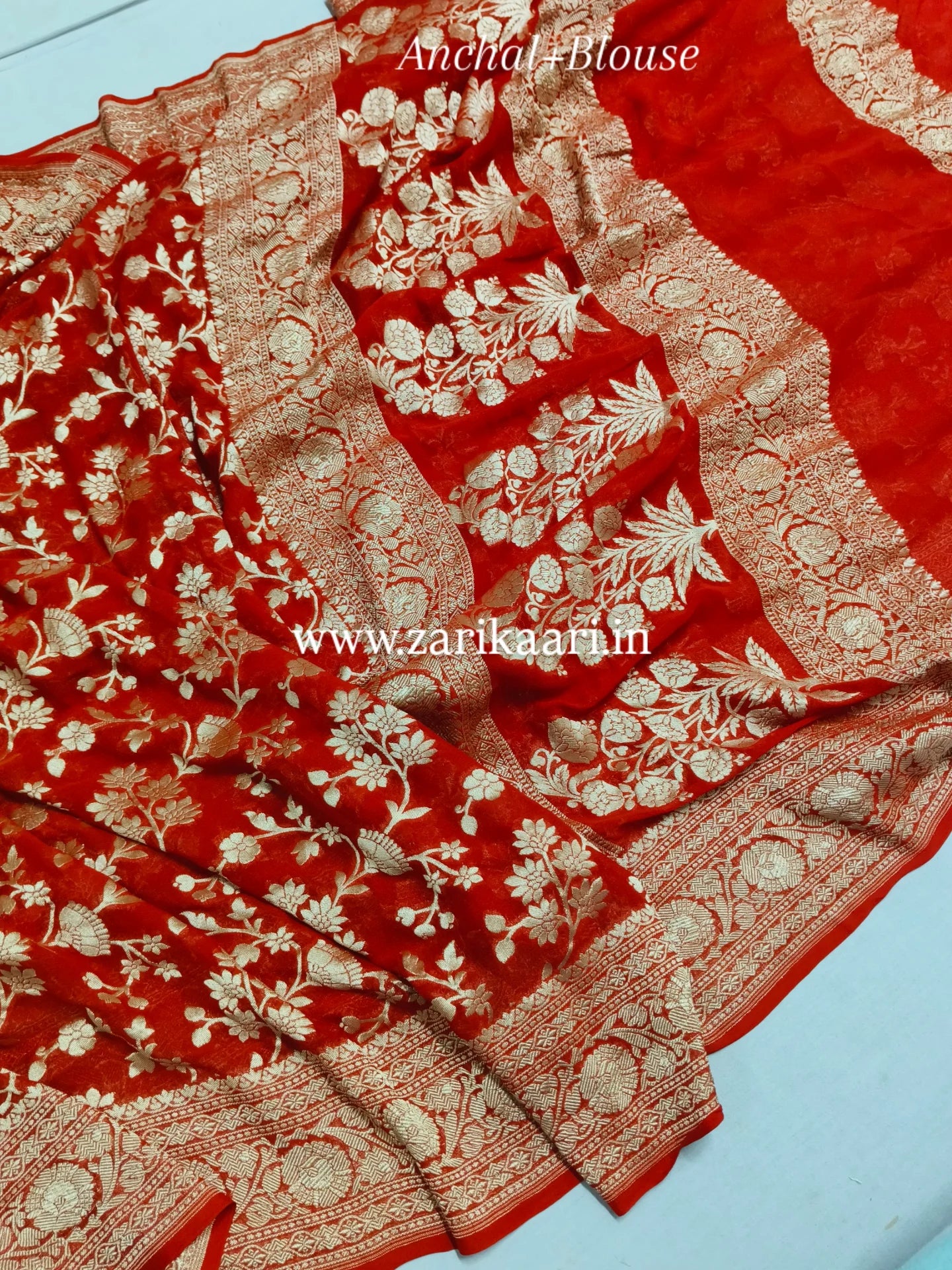Red Banarasi Pure Handloom Khaddi Georgette Chiffon with Watar-Gold Zari Saree