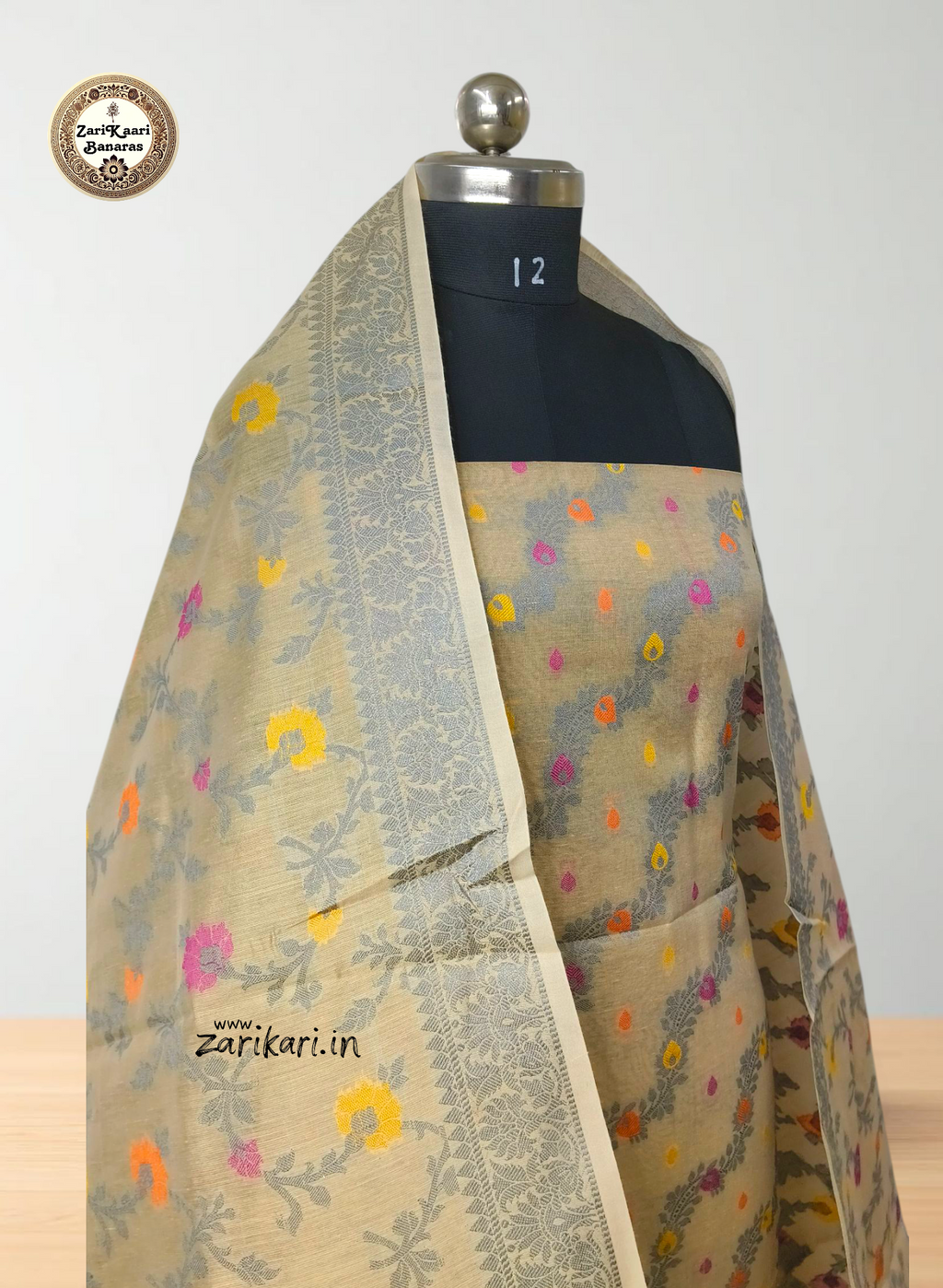 Women's Banarasi Cotton Silk Unstitched Suit Set with Meenedar Dupatta & Bottom (Multicolor Floral, 3-Piece Set)