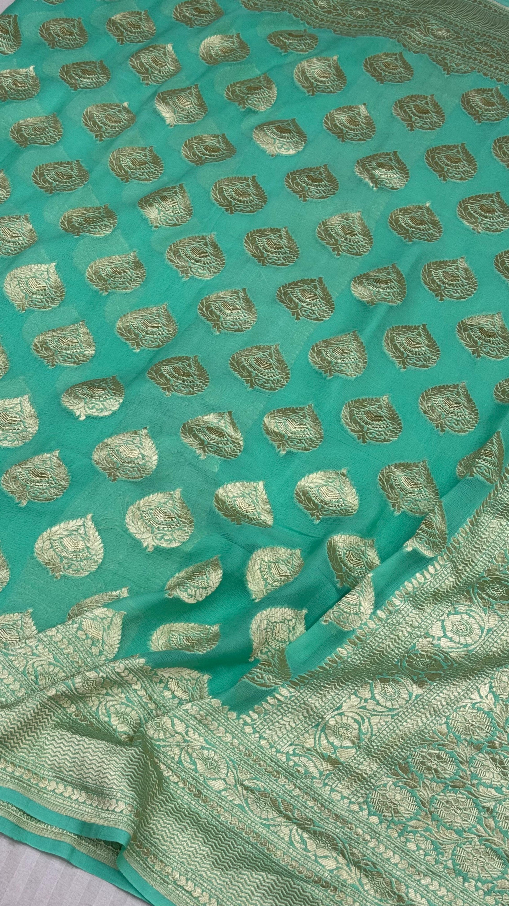 Green Banarasi Pure Handloom Khaddi Georgette Chiffon with Water Zari