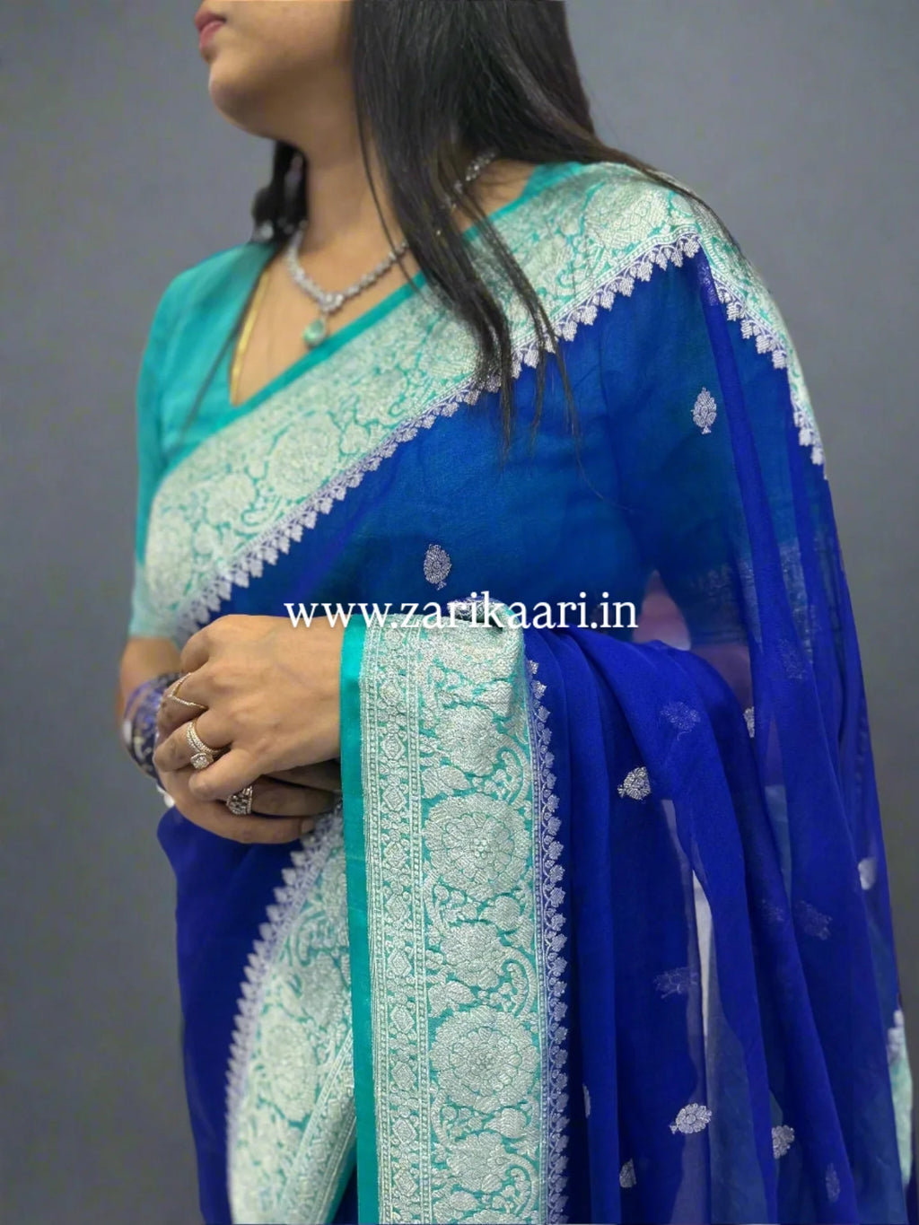 Pure Handloom Georgette Banarasi Saree - Blue-Sky