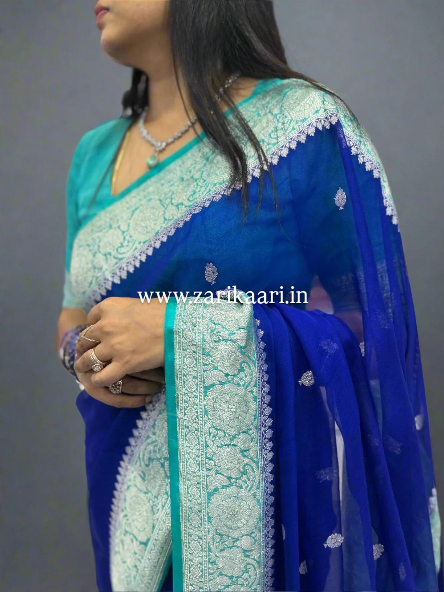Pure Handloom Georgette Banarasi Saree - Blue-Sky
