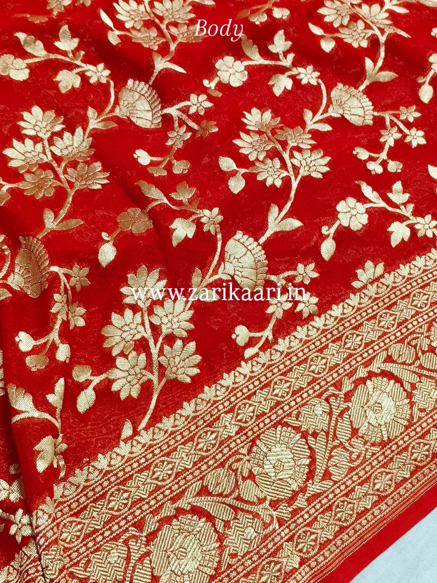 Red Banarasi Pure Handloom Khaddi Georgette Chiffon with Watar-Gold Zari Saree