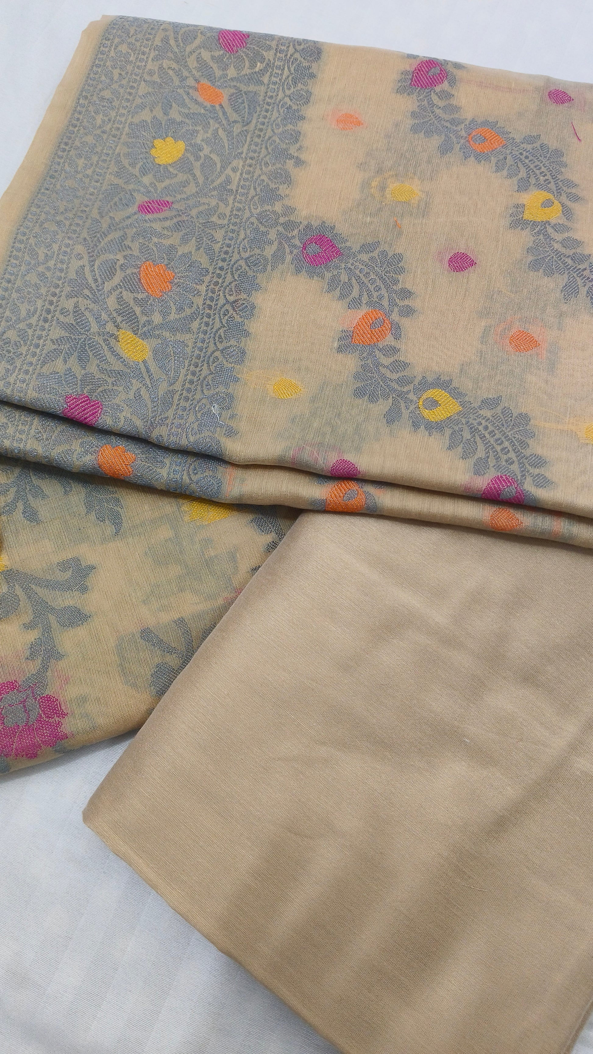 Women's Banarasi Cotton Silk Unstitched Suit Set with Meenedar Dupatta & Bottom (Multicolor Floral, 3-Piece Set)