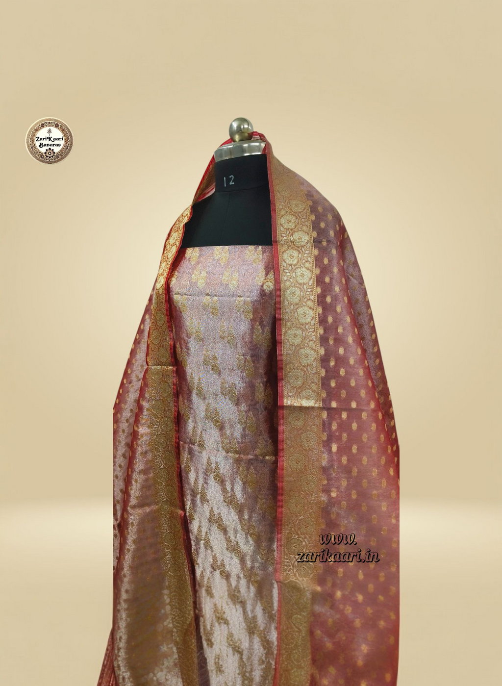 Banarasi Tissue Silk Suit Set with Meenedar Zari Dupatta & Plain Shalwar Boti Work