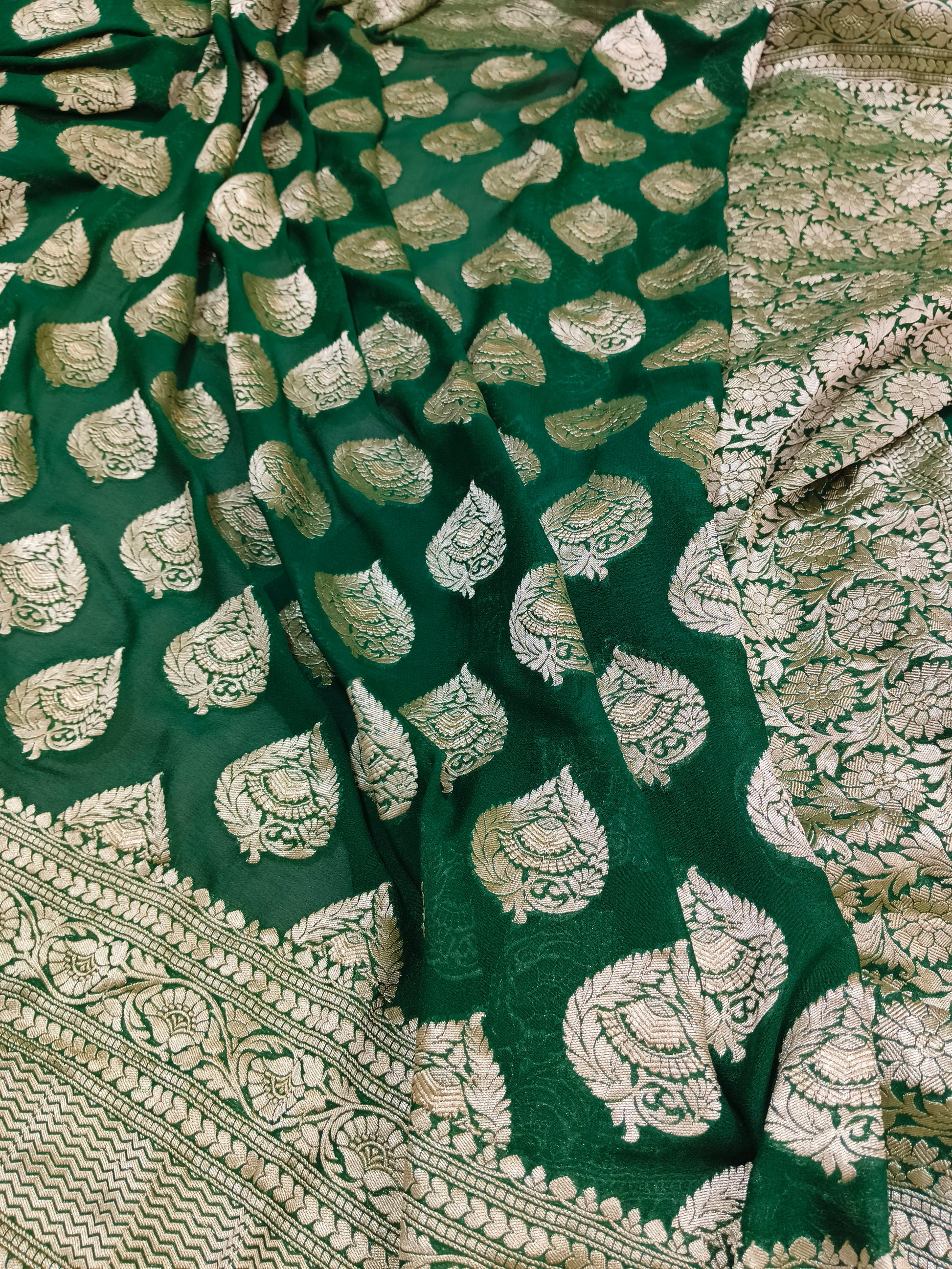 Bottle-Green Banarasi Pure Handloom Khaddi Georgette Chiffon with Water Zari