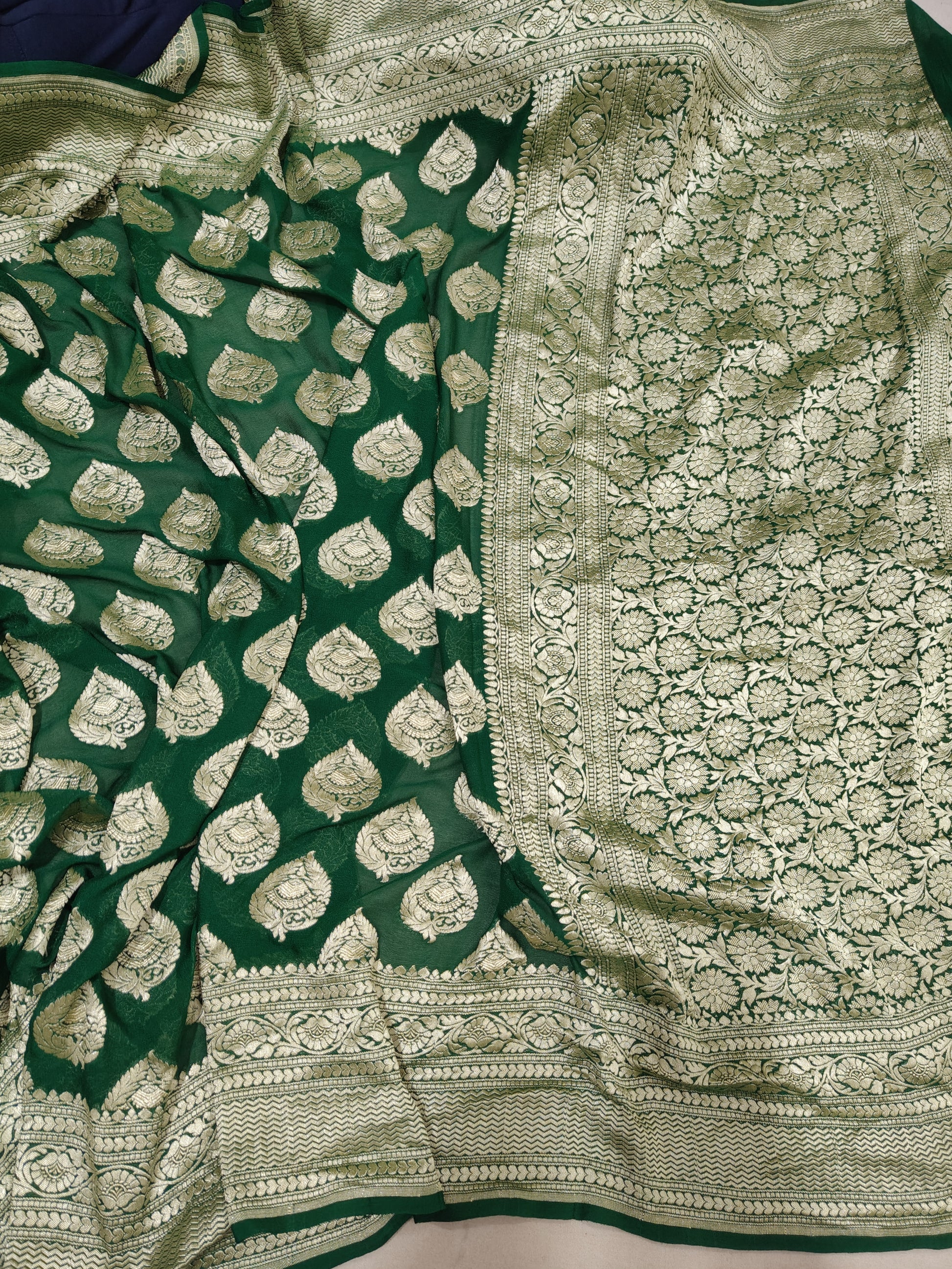 Bottle-Green Banarasi Pure Handloom Khaddi Georgette Chiffon with Water Zari