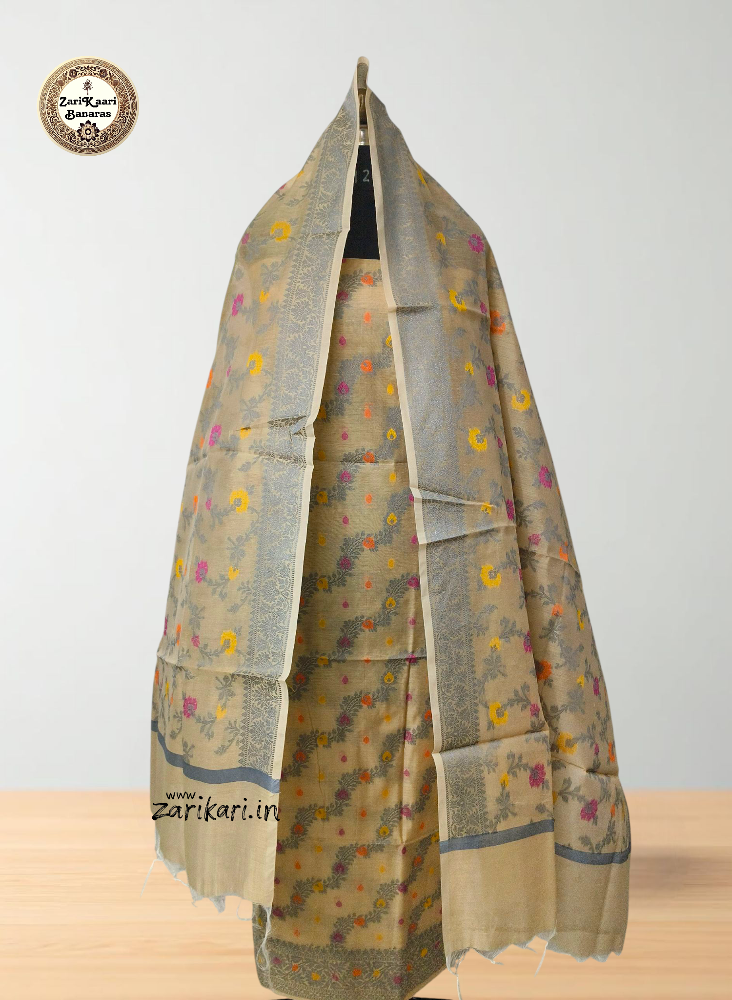 Women's Banarasi Cotton Silk Unstitched Suit Set with Meenedar Dupatta & Bottom (Multicolor Floral, 3-Piece Set)