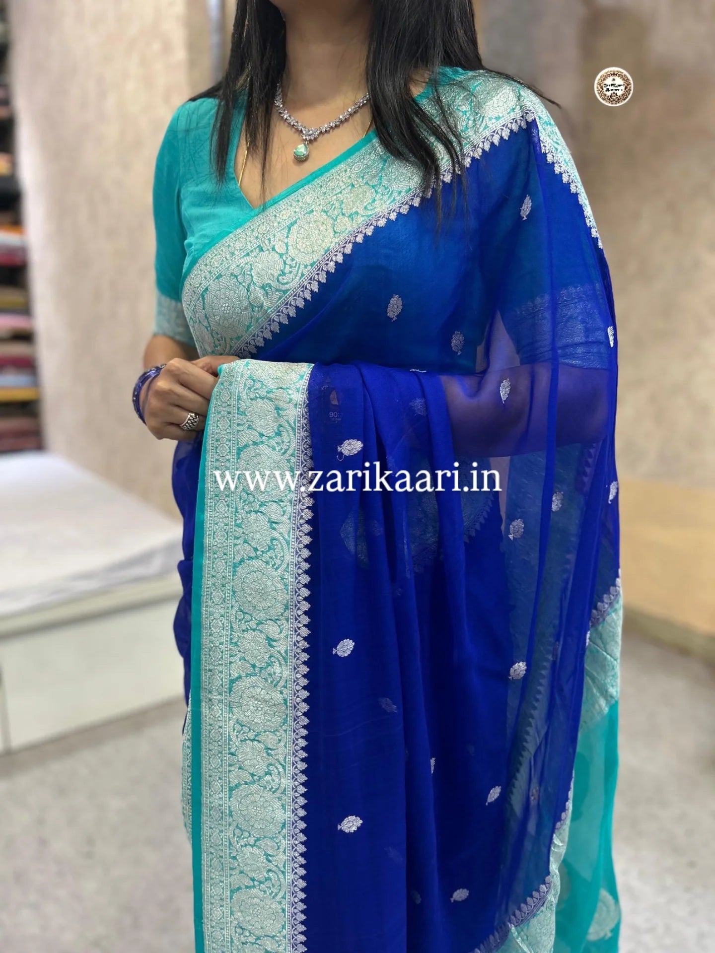 Pure Handloom Georgette Banarasi Saree - Blue-Sky