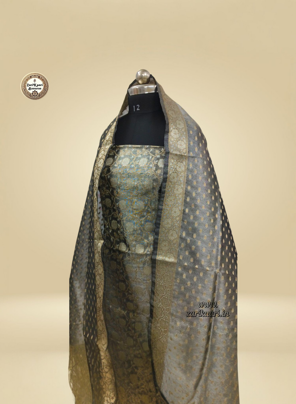 Banarasi Tissue Silk Suit Set with Meenedar Zari Dupatta & Plain Shalwar Jaal Work