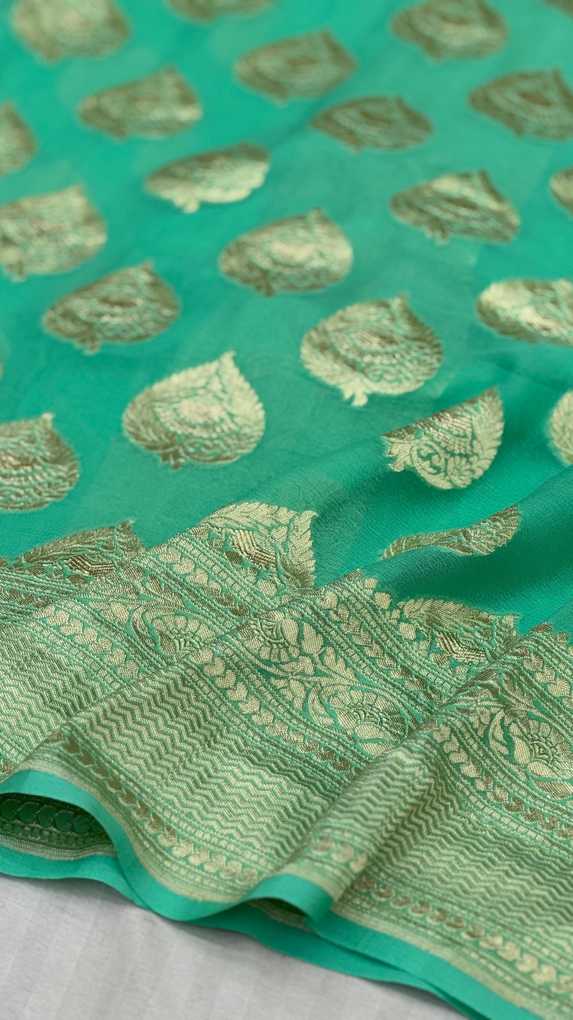Green Banarasi Pure Handloom Khaddi Georgette Chiffon with Water Zari
