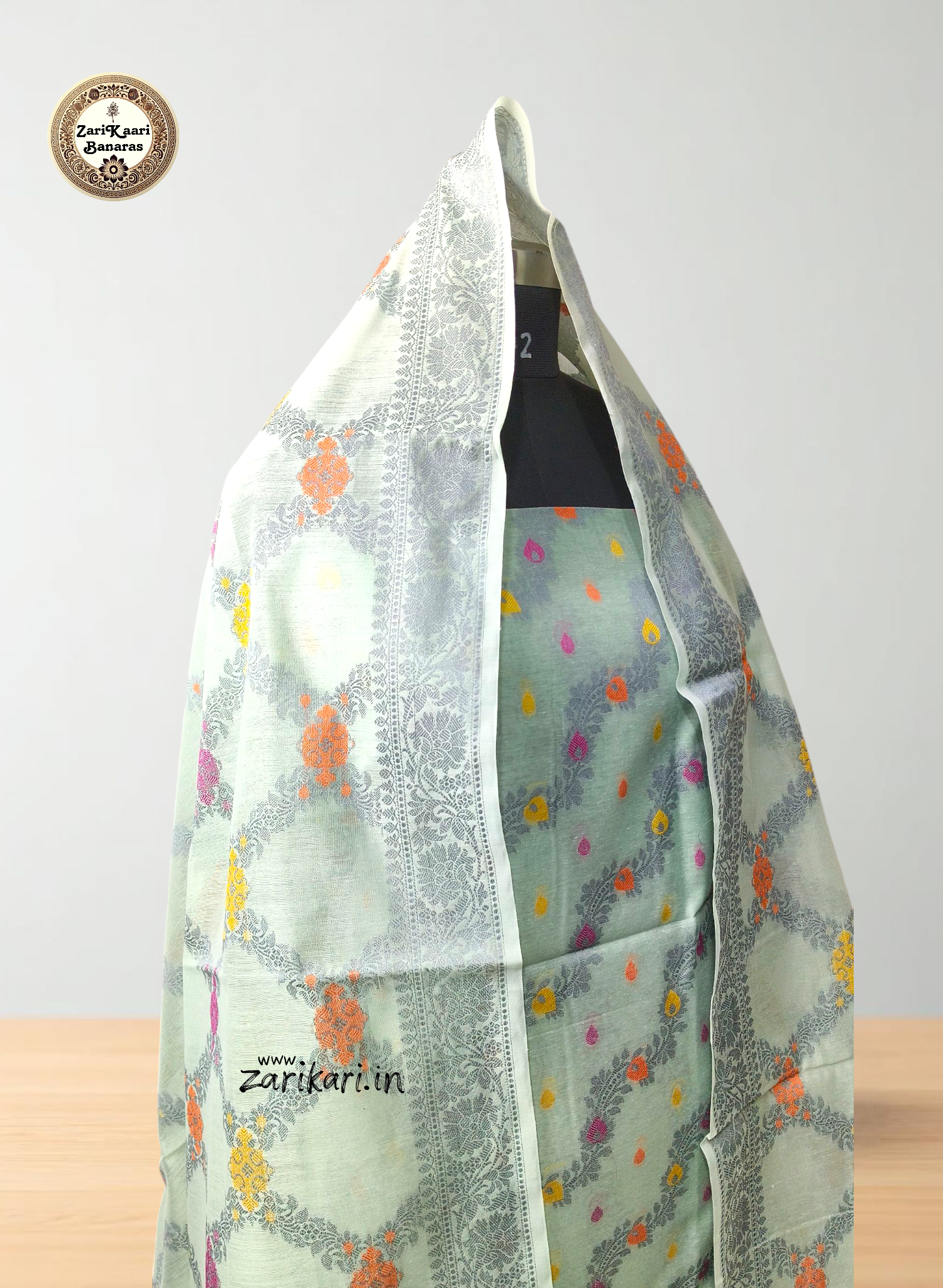 Women's Banarasi Cotton Silk Unstitched Suit Set with Meenedar Dupatta & Bottom (Multicolor Floral, 3-Piece Set)