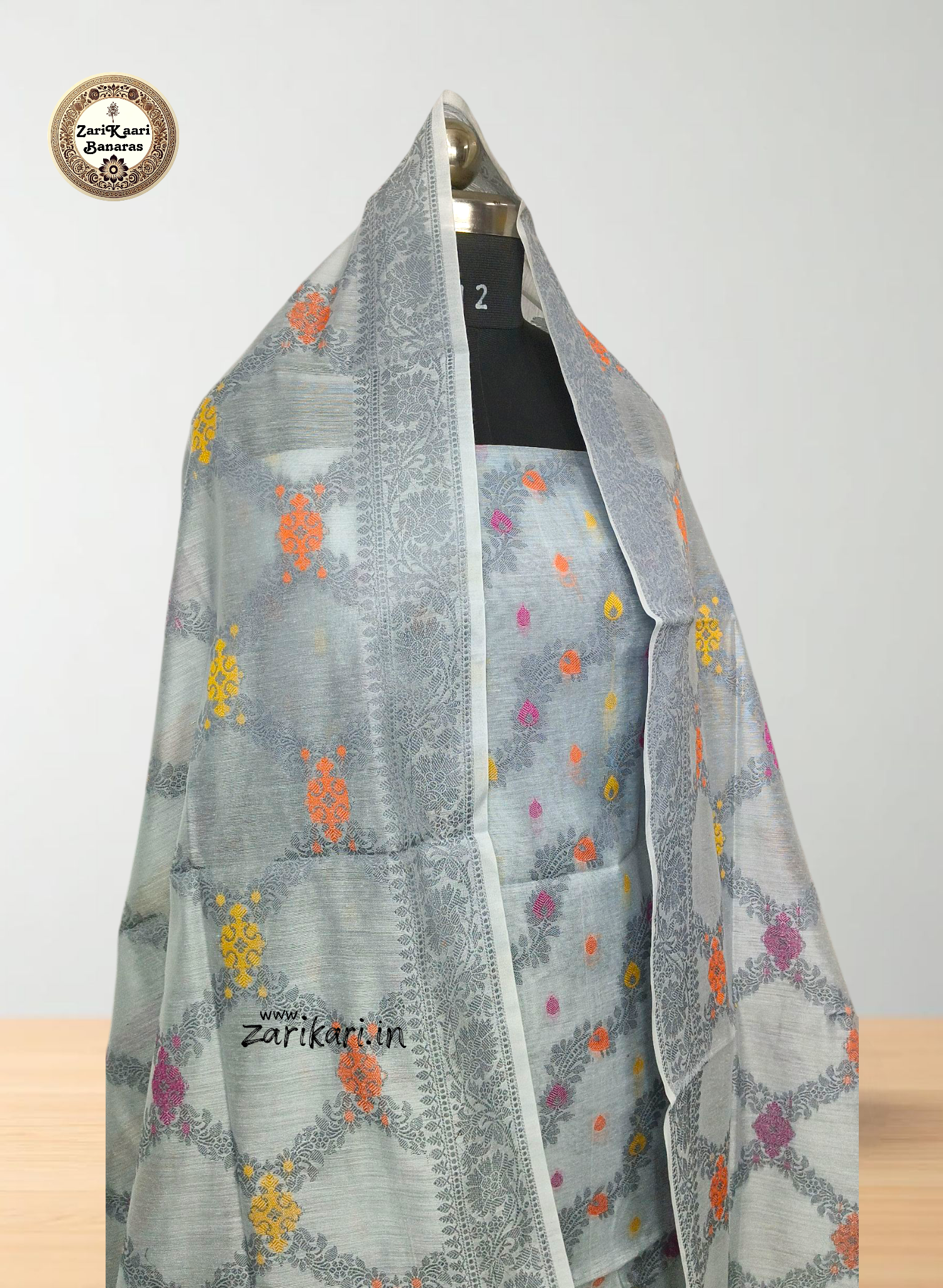 Women's Banarasi Cotton Silk Unstitched Suit Set with Meenedar Dupatta & Bottom (Multicolor Floral, 3-Piece Set)