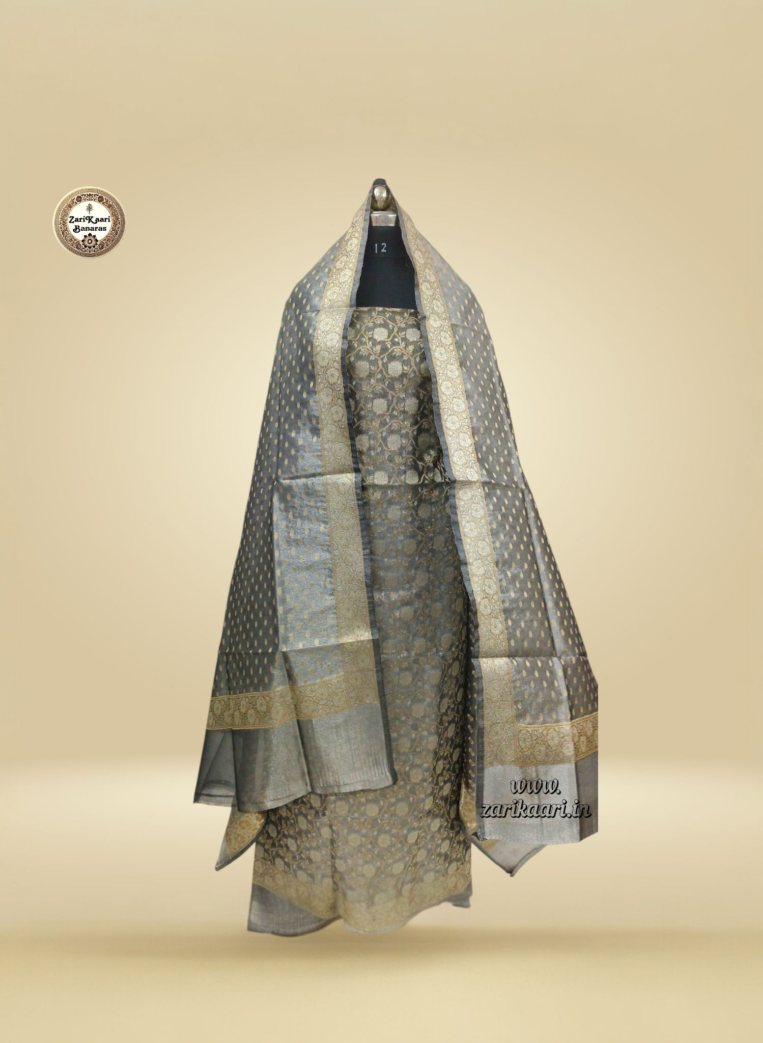 Banarasi Tissue Silk Suit Set with Meenedar Zari Dupatta & Plain Shalwar Jaal Work