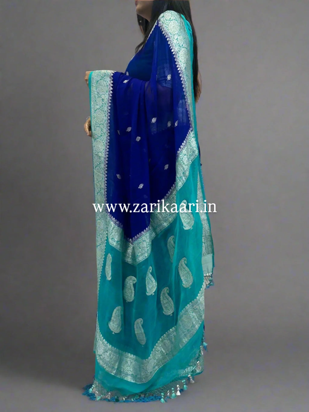 Pure Handloom Georgette Banarasi Saree - Blue-Sky