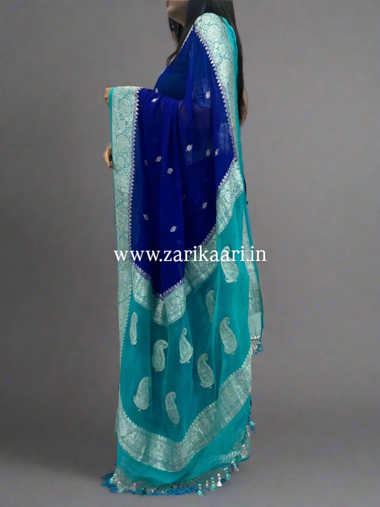 Pure Handloom Georgette Banarasi Saree - Blue-Sky