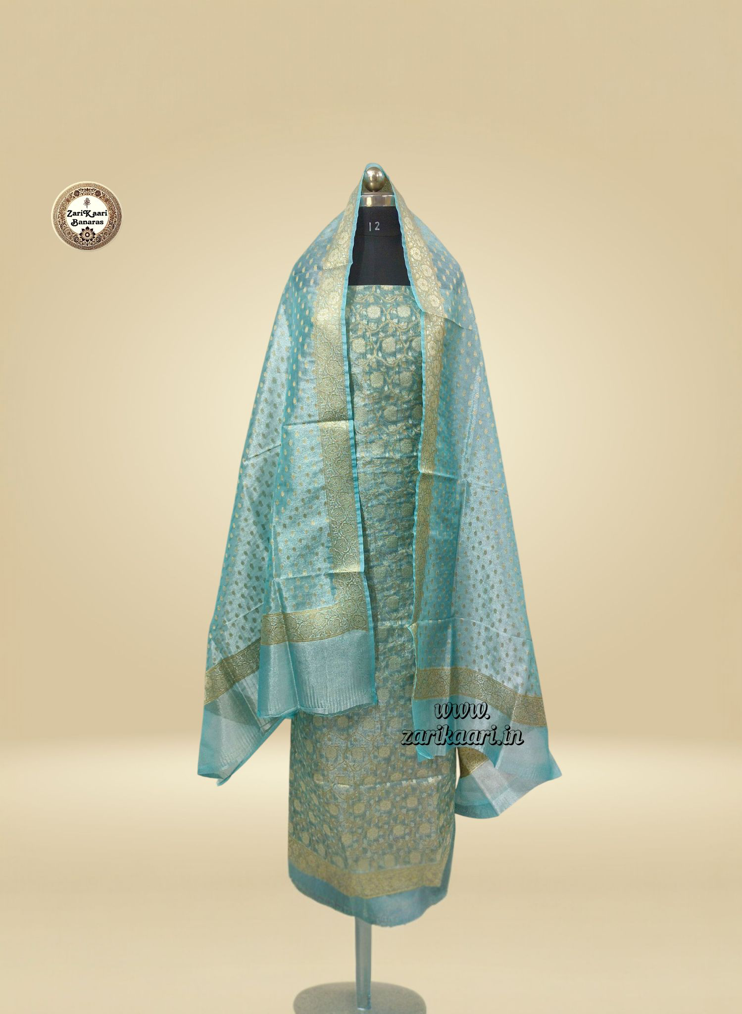 Banarasi Tissue Silk Suit Set with Meenedar Zari Dupatta & Plain Shalwar Jaal Work